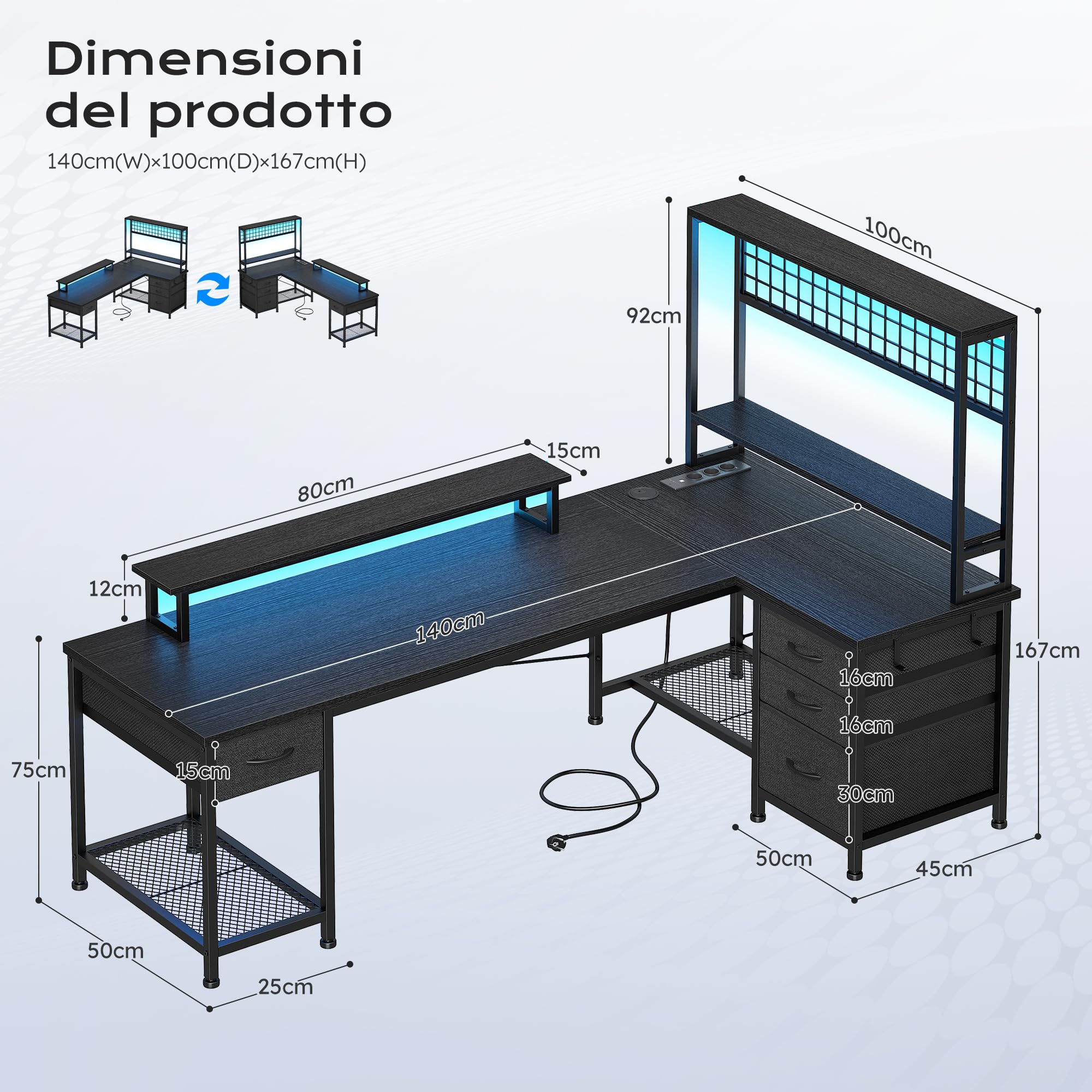 140x100cm Forma a L Gaming Scrivania con Libreria, LED per Lavorare