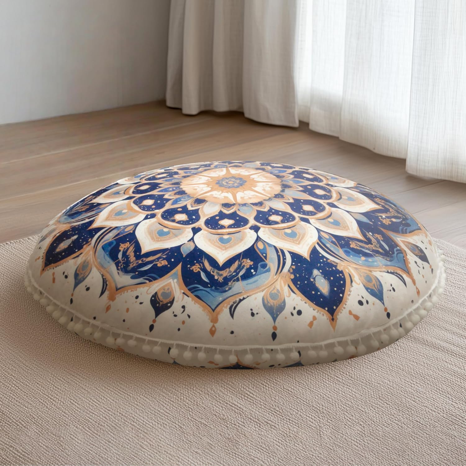 Meditation Cushion 32 Inch Round, Extra Thick Memory Foam Floor Pillow with Removable Washable Cover, Bohemian Mandala Yoga Cushion for Adults - Ideal Gift &amp; Holiday Decor, Blue