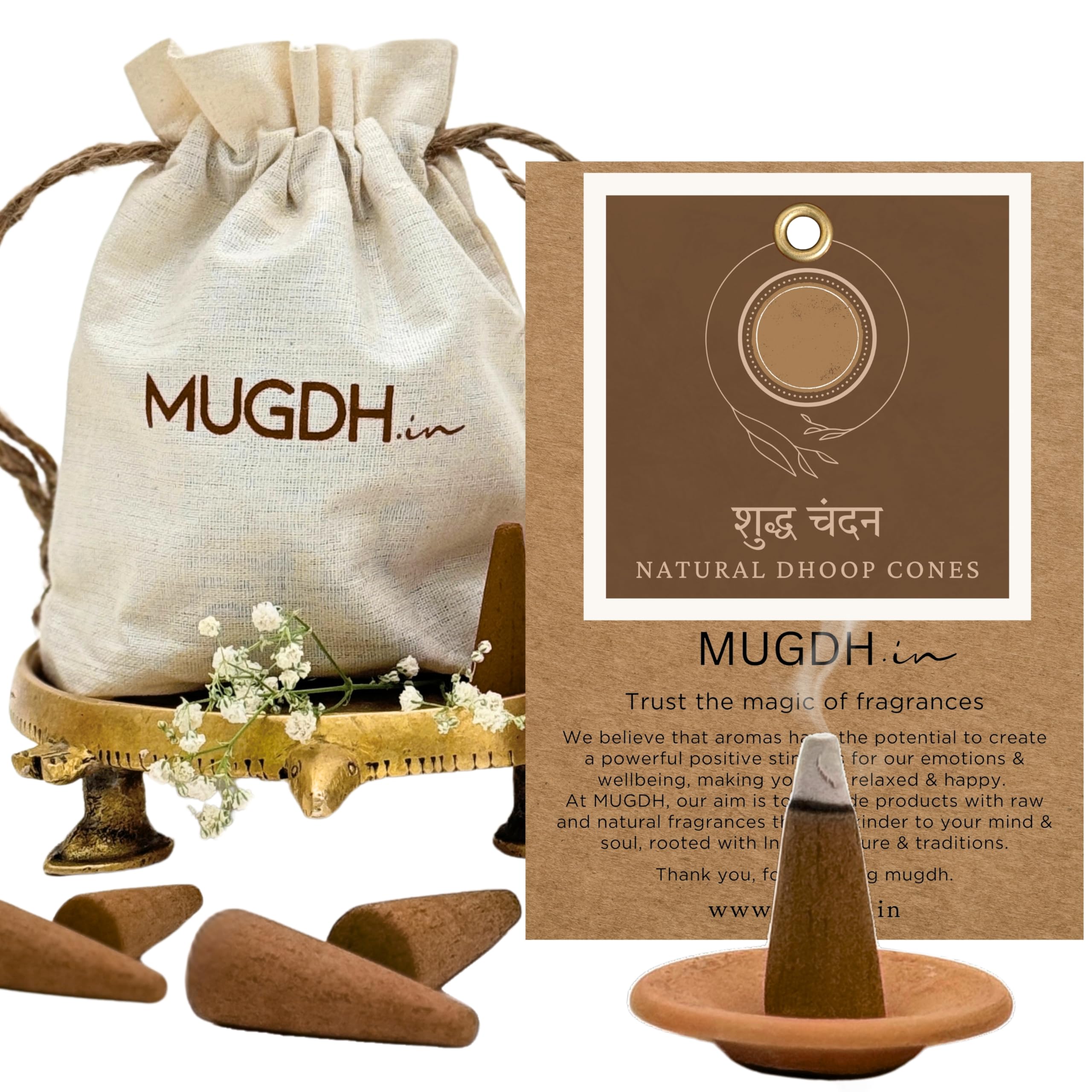 Mugdh Natural Incense Cones – Chandan | Bambooless, Low Smoke, Charcoal Free Dhoop Cones | 80 Sandalwood dhoop batti | Free Cotton Potli & Dhoop Stand | Home Fragrance, Pooja & Meditation