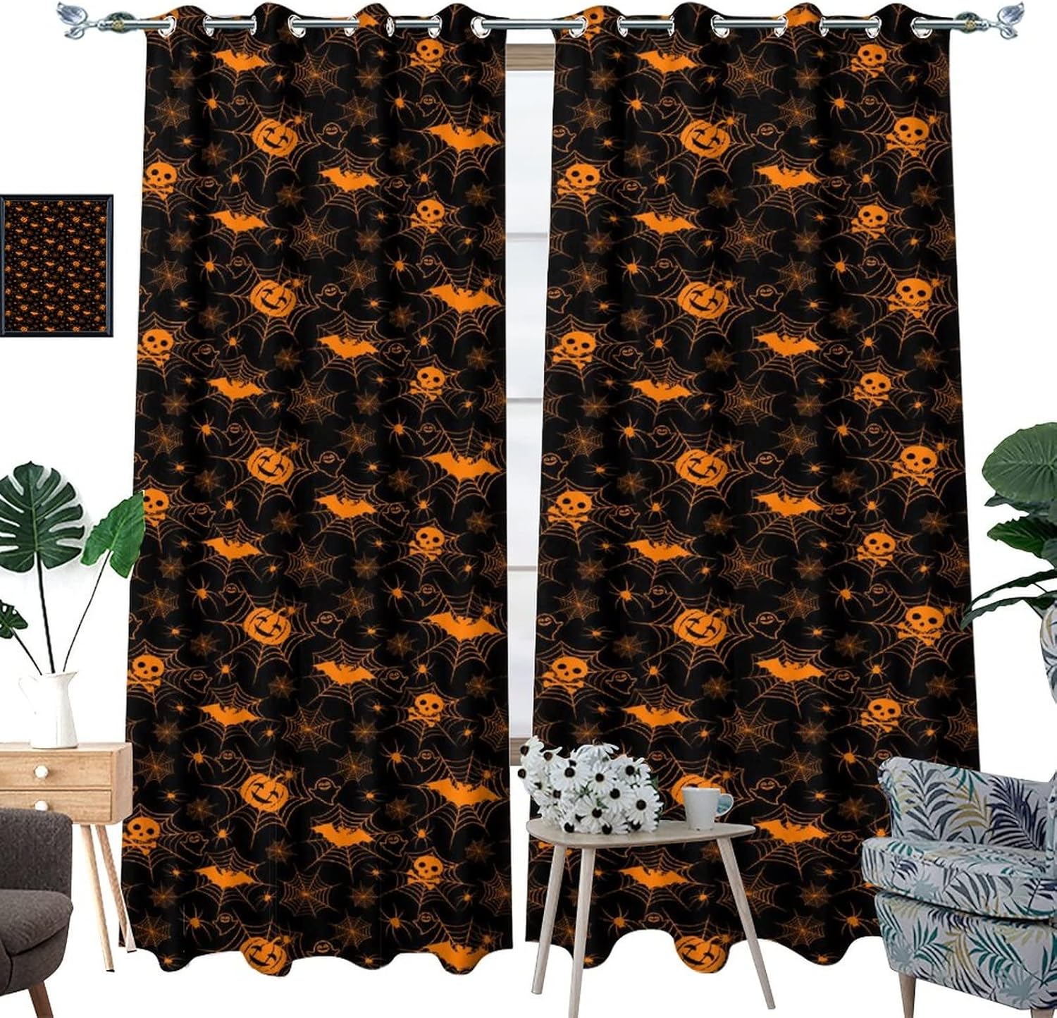 Black Orange Gradient Halloween Skull Blackout Curtains for Bedroom,Spider Web Ghost Pumpkin Grommet Thermal Insulated Room Darkening Curtains Window Drapes 2 Panels 45L x 21W