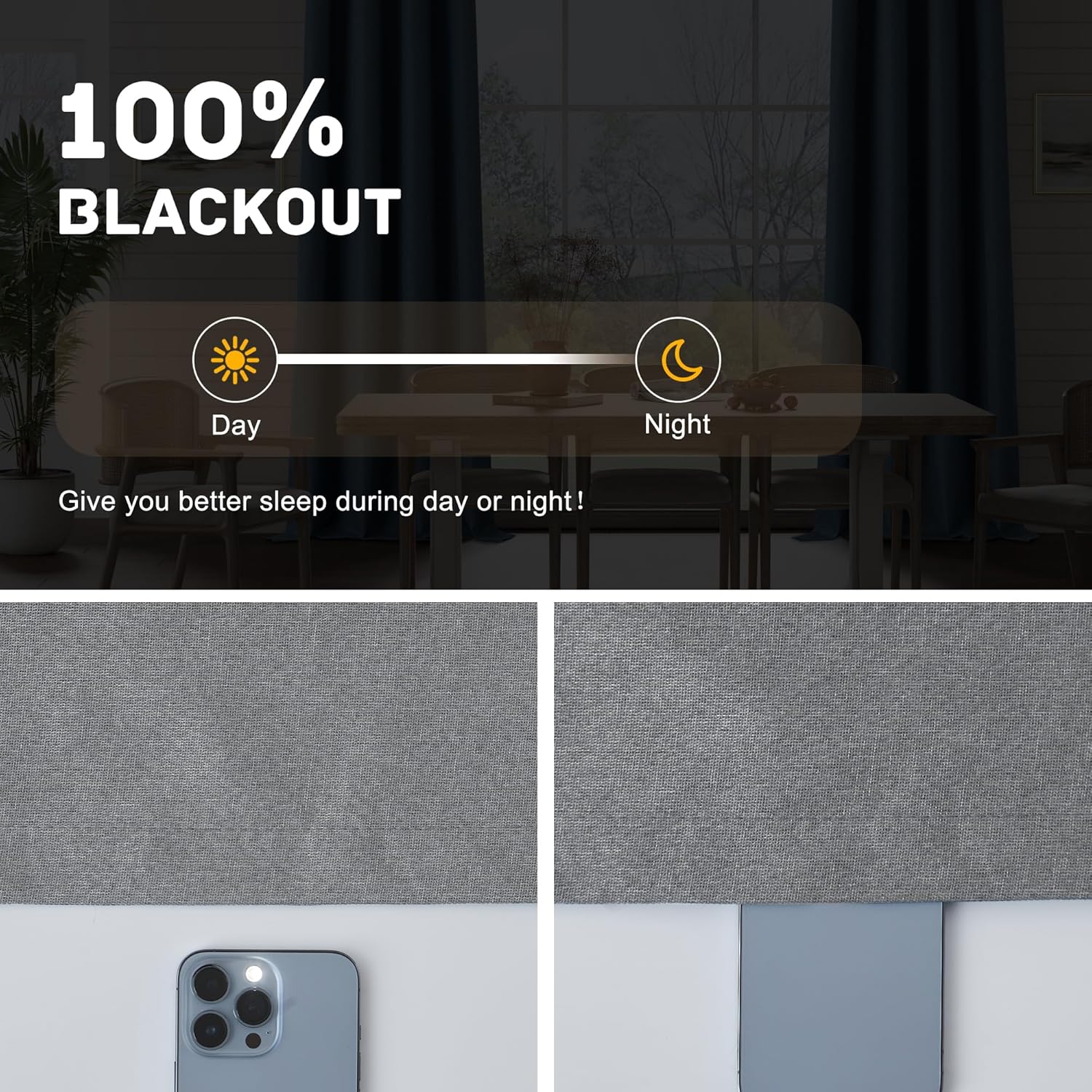 100% Blackout Linen Textured Curtains 90 Inch Length 2 Panels Set for Living Room, Bedroom, Light Weight Curtains with Grommets Top, Full Blackout Curtains Privacy Protection, Gray, 52" W x 90" L