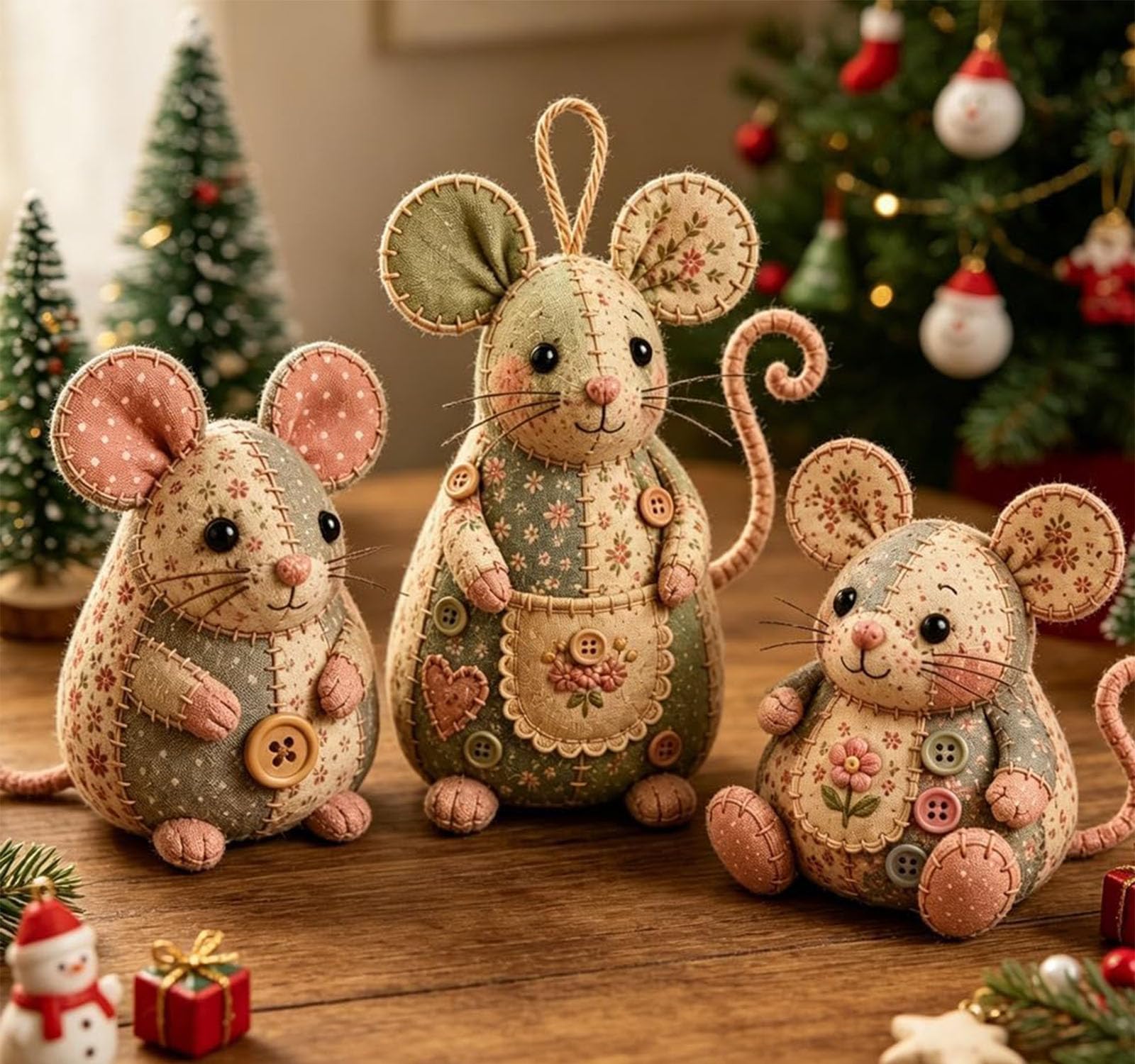 Kit de bricolaje de ratón de patchwork, lindo kit de bricolaje de adorno de ratón, con tela floral, relleno, botones, juego de manualidades de costura hecho a mano, para adultos, principiantes (3SET)