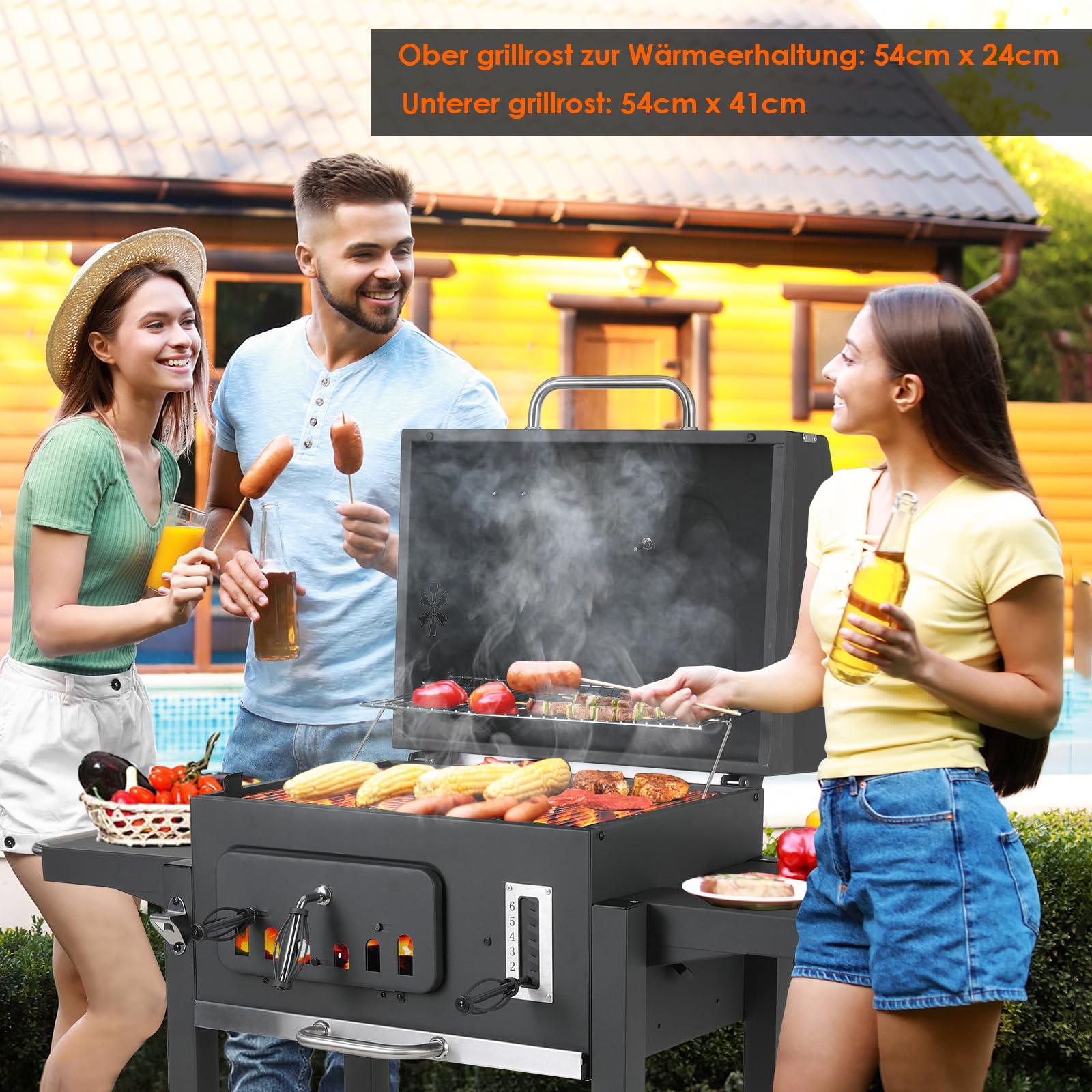 TLSUNNY Barbecue Carbonella XXL con Coperchio e Termometro, Ripiani Pieghevoli, Griglia BBQ Carbonella Grigio