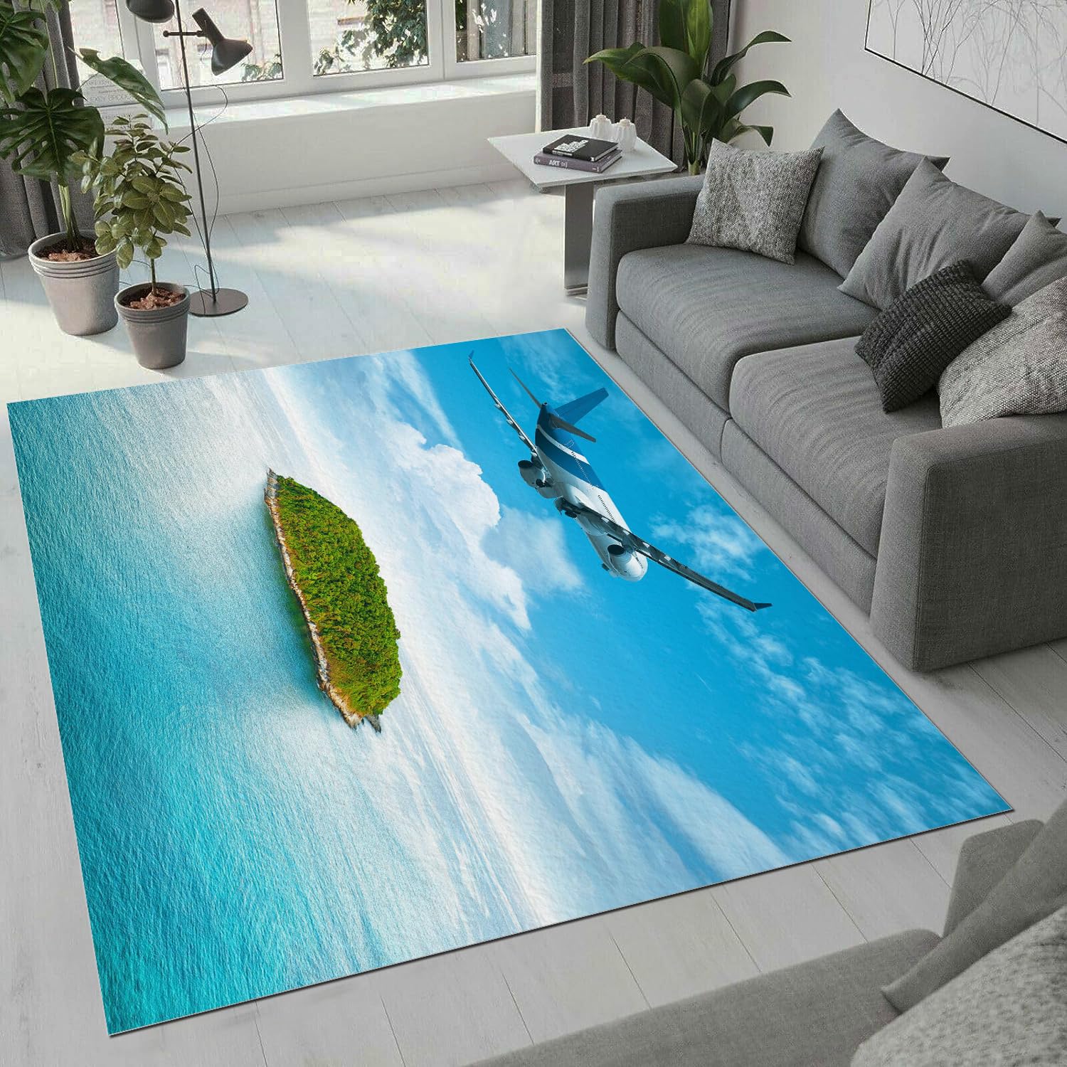Tapis Avion Salon Chambre 160x200 cm Duveteux Doux Confort Tapis Paysage 3D Lavable Antidérapant Poil Ras Moquette pour Chevet Couloir Intérieur et Extérieur Rug Décorer(Image1-8)