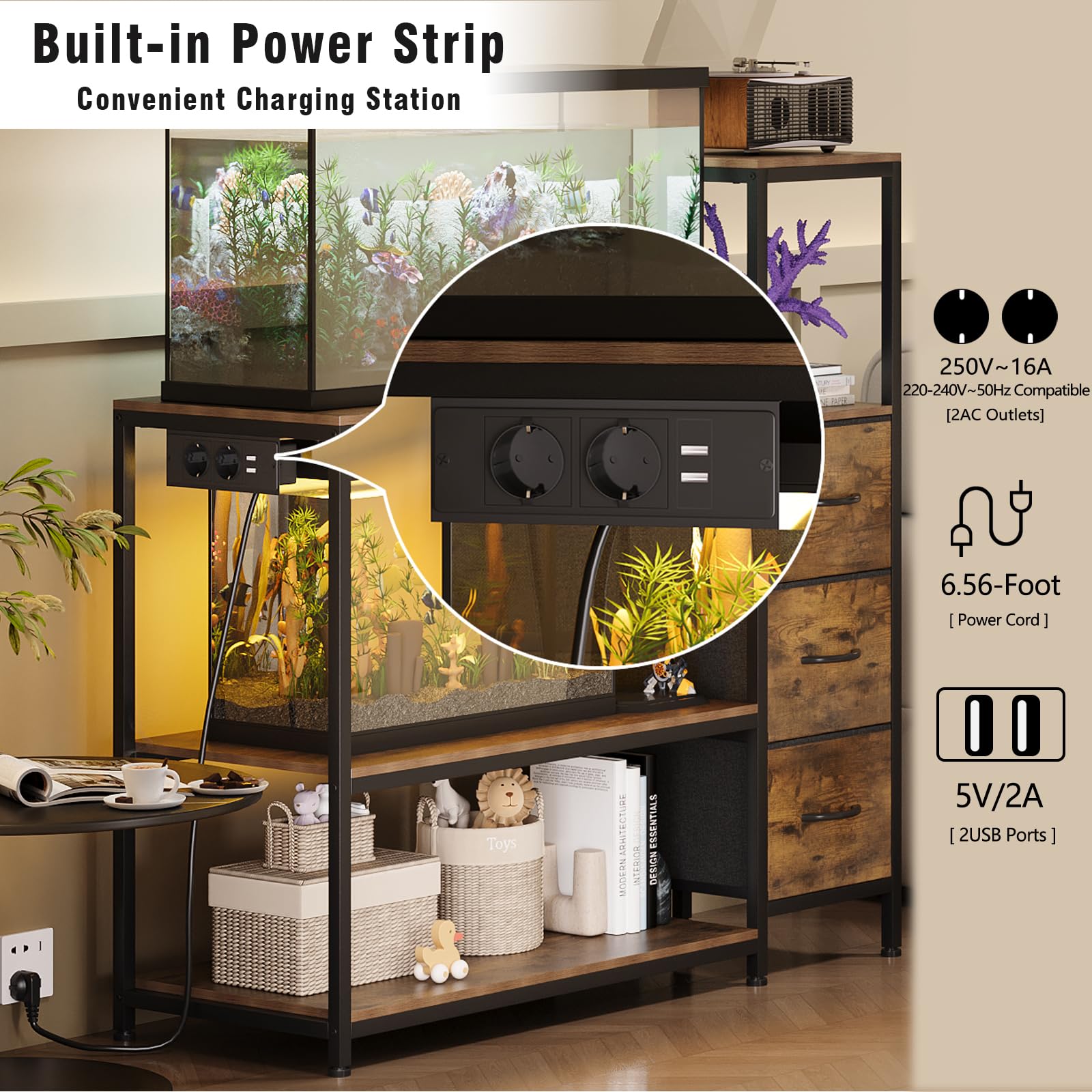 VEDECASA Support pour aquarium de 20 gallons, armoire inférieure avec prises d'alimentation, étagère d'aquarium avec 3 tiroirs rustiques, table à 3 étages pour aquarium, reptiles et terrariums