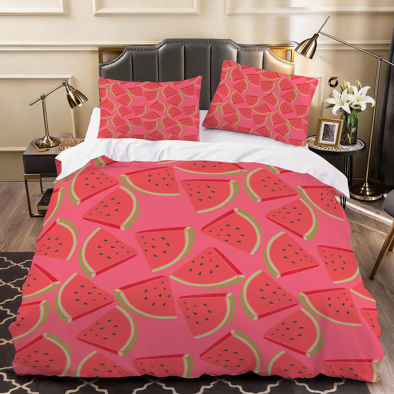3D Watermelon Duvet Cover Simple Bedding Super King Bed Set, Soft Microfiber Comforter Cover Printed with Zipper Closure Quilt Coverr 260x220 cm and 2 Pillowcases
