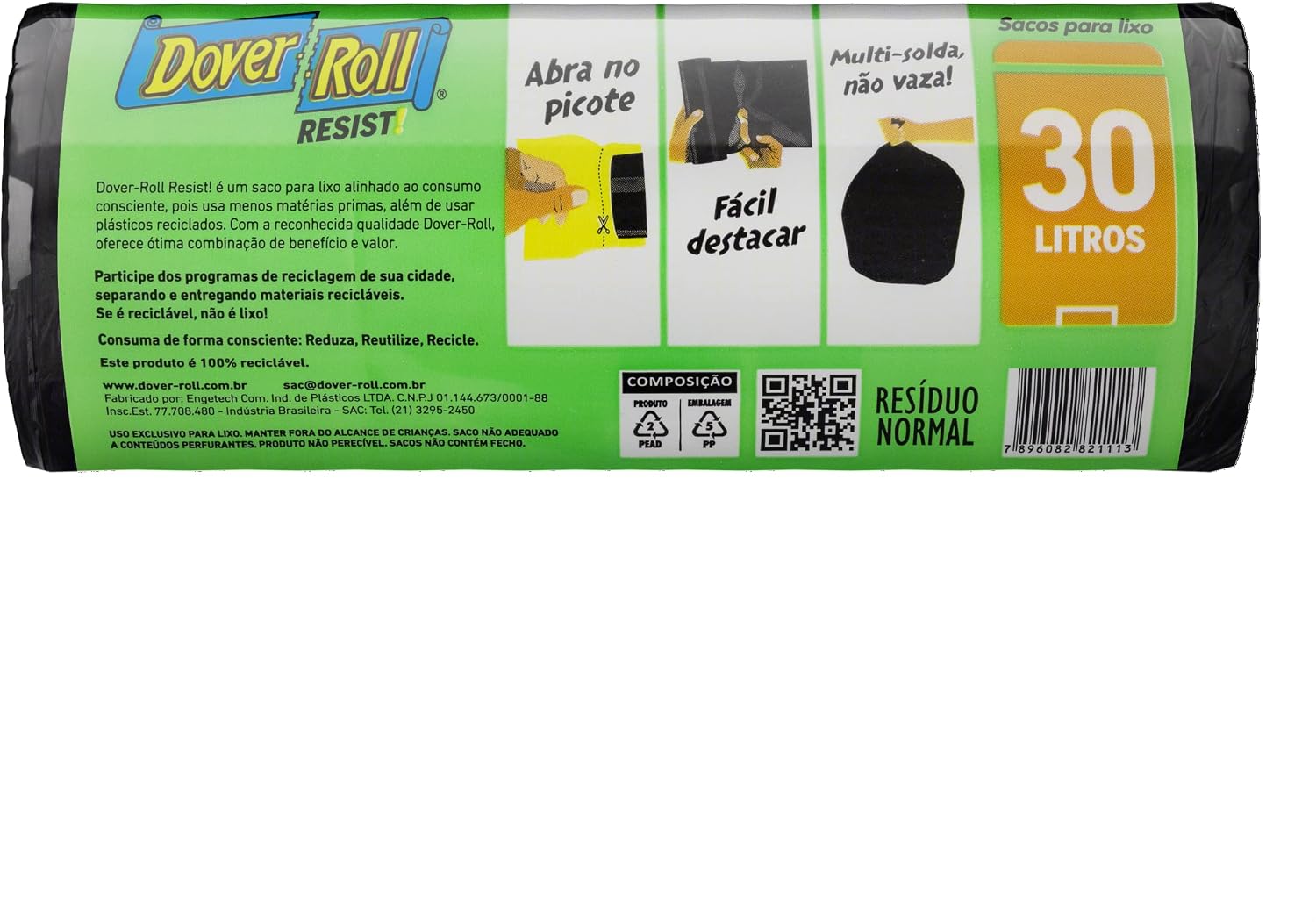 Dover-Roll Resist! 30L Preto, Rolo com 20 Sacos para Lixo