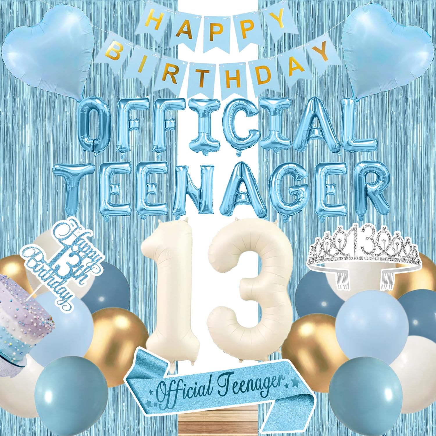 YGSEPCC 13th Birthday Decorations for Girls, Official Teenager Foil Balloons Party Supplies, Tiara Tassel Curtains Sash Balloons Numbers Happy