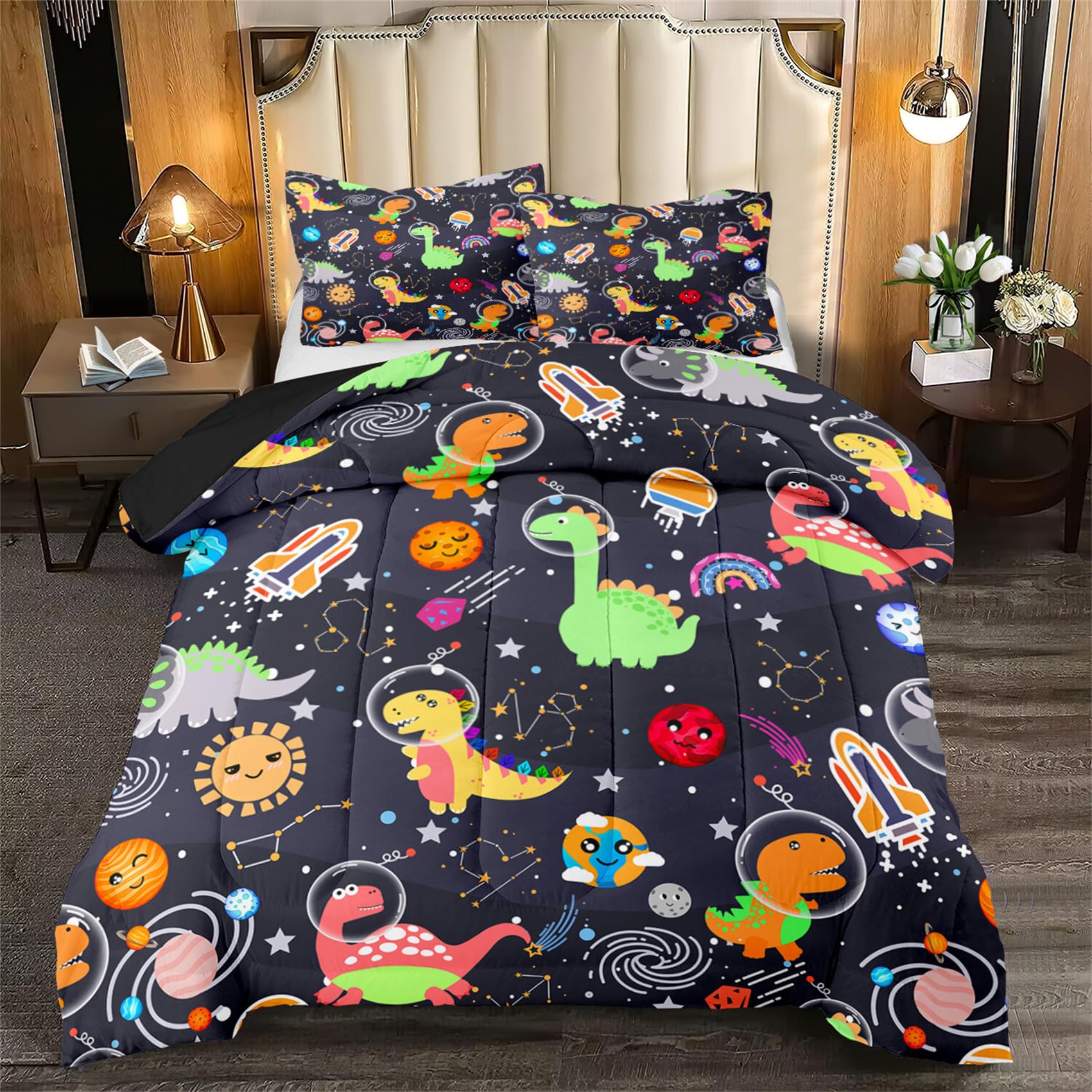 Dinosaur Bedding Set for Boys - 2Pcs Lovely Black Dinosaur Bedding Set for Bedroom Twin Size Cute Animal Patterns Kids Room Decor, 1 Quilt 1PillowCase
