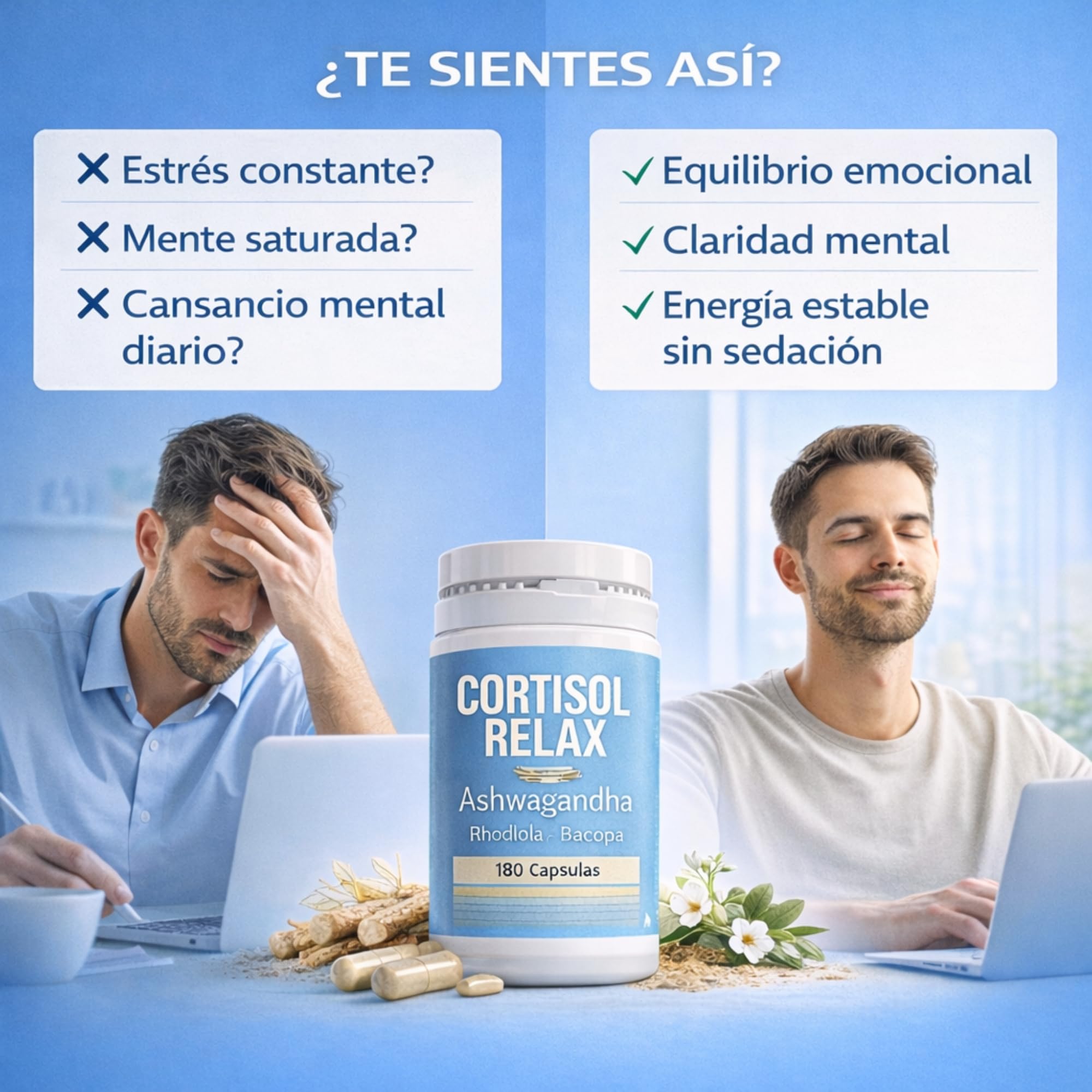 DIETETICA EUROPEA Cortisol RELAX 6 meses - bajar cortisol y estres y ansiedad sin perder energía - ashwagandha y rhodiola + bacopa monnieri - anti estres natural 180 Cápsulas