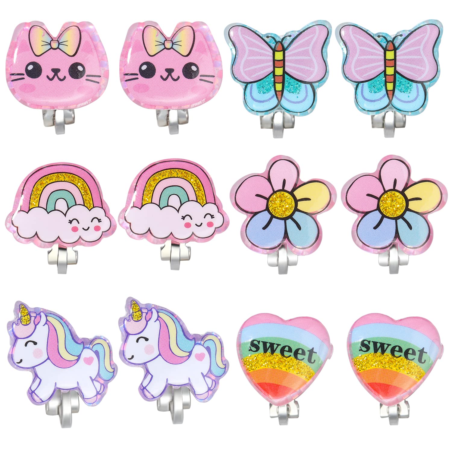 PinkSheep Bling Clip On Earrings for Little Girls 6 Pair Unicorn Earrings Rainbow Earrings for Kids Best Gift