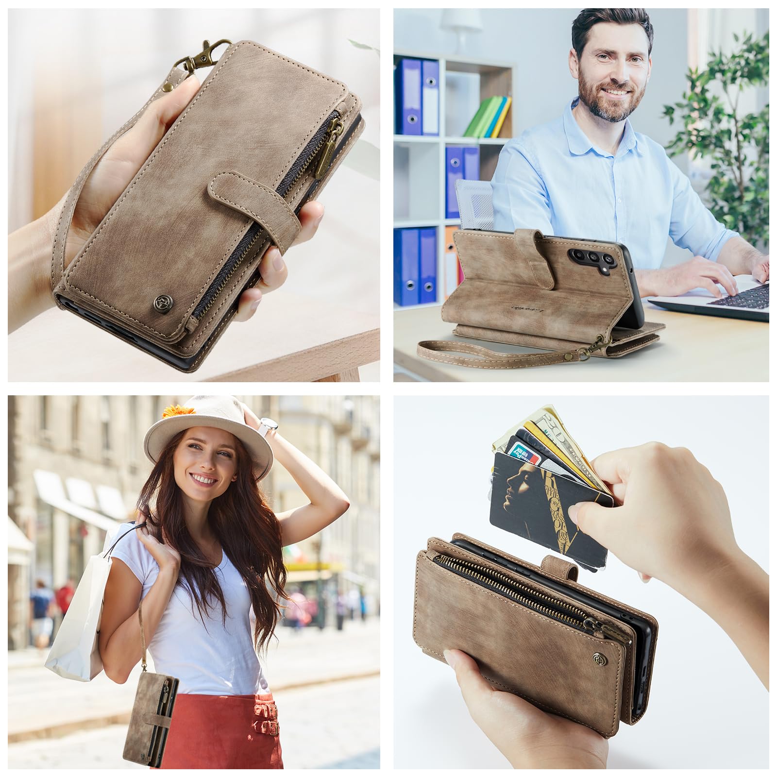 UEEBAI Funda tipo cartera para Samsung Galaxy A15 4G/5G, funda de piel sintética hecha a mano de primera calidad, ranuras para tarjetas, cierre magnético, bolsillo con cremallera, función atril, funda