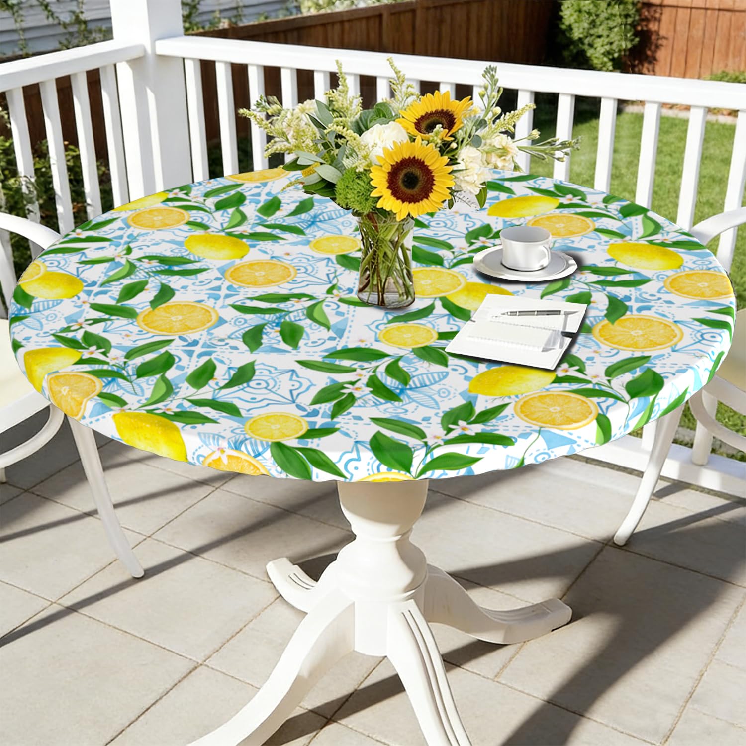 Virtumob Round Fitted Tablecloth with Elastic Edge Farmhouse Lemon Outdoor Indoor Table Cloth Waterproof Wipeable Table Cover for Dinner Picnic Patio Decor (Suitable for 36"- 44" Round Tables)
