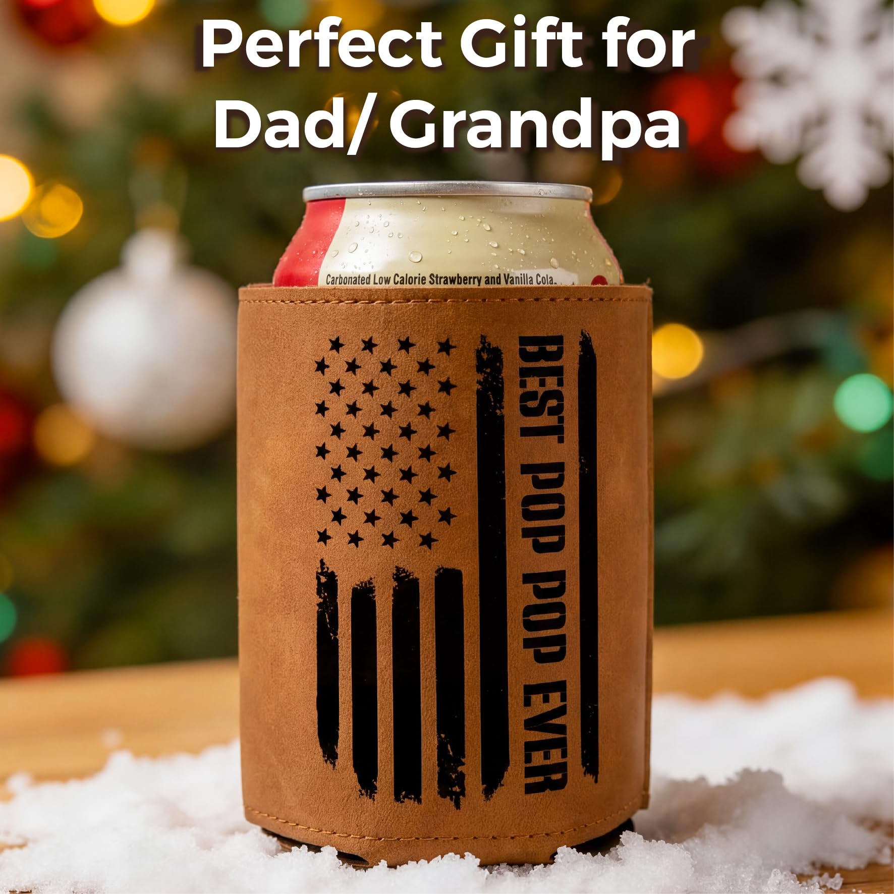 Best Pop Pop Gifts – Funny PU Leather Can Cooler Sleeve for PopPop from Grandkids, Fathers Day Birthday Christmas Gift Idea, Fits 12 Oz Cans