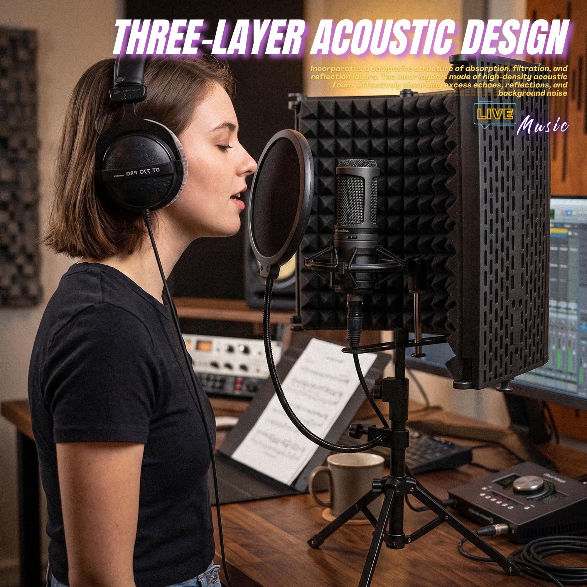 Studio-Mikrofon-Isolationsschild, mit Pop-Filter & Metall-Tischstativ, Mikrofonständer, 5-fach faltbarer Studio-Mikrofon-Isolationsschild, tragbar für Singen, Podcasting, Musikaufnahme