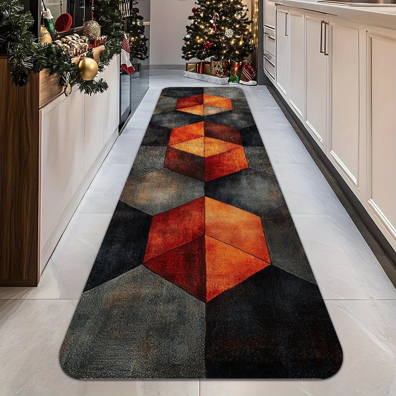 Kuluoits 3d Geometric Hallway Runner Rug, 120x300cm Modern Orange and Grey Optical Illusion Hexagon Carpet Runner, Soft Non-Slip Washable Floor Rugs for Hallways, Bedrooms, Doorways, Stair Steps