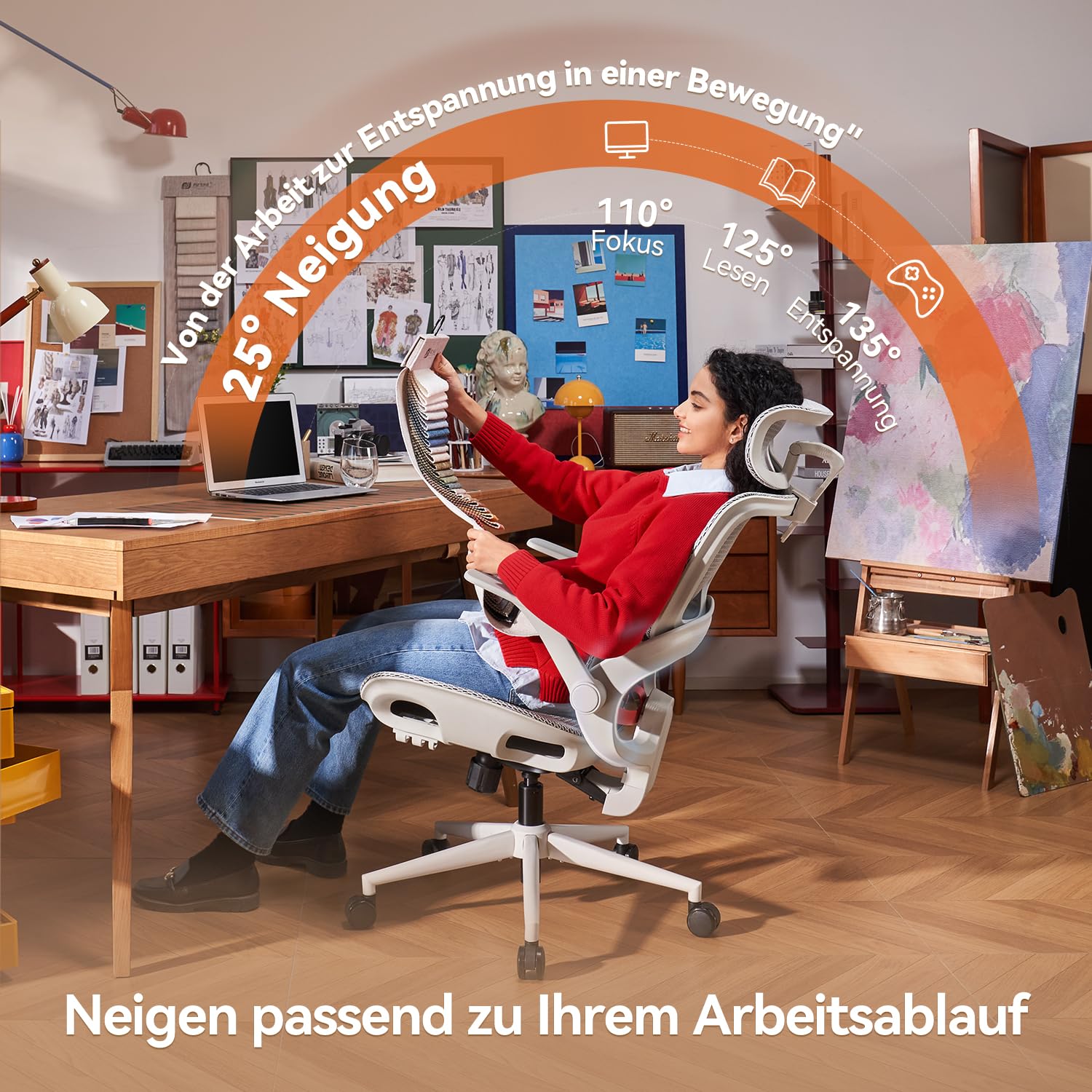 SIHOO Bürostuhl Ergonomisch mit 4D Lordosenstütze, Kopfstütze & Klappbaren Armlehnen, Neigung 90-135°, Weiß