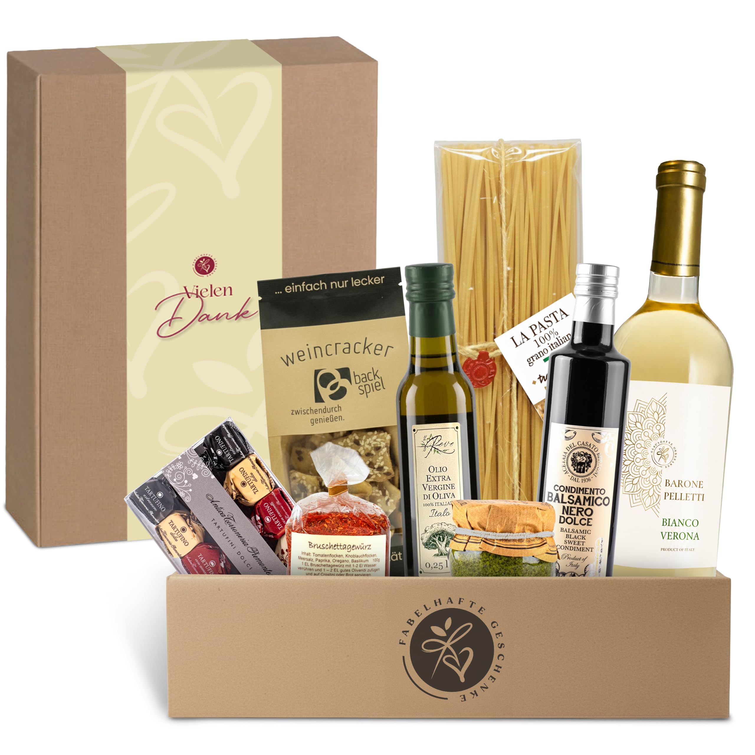 DANKESCHÖN-Geschenkkorb Bella Italia gefüllt mit Weißwein und italienischer Feinkost- Präsentkorb mit Olivenöl, Aceto Balsamico, Pasta, Pesto, Tartufini | mit "VIELEN DANK" Banderole