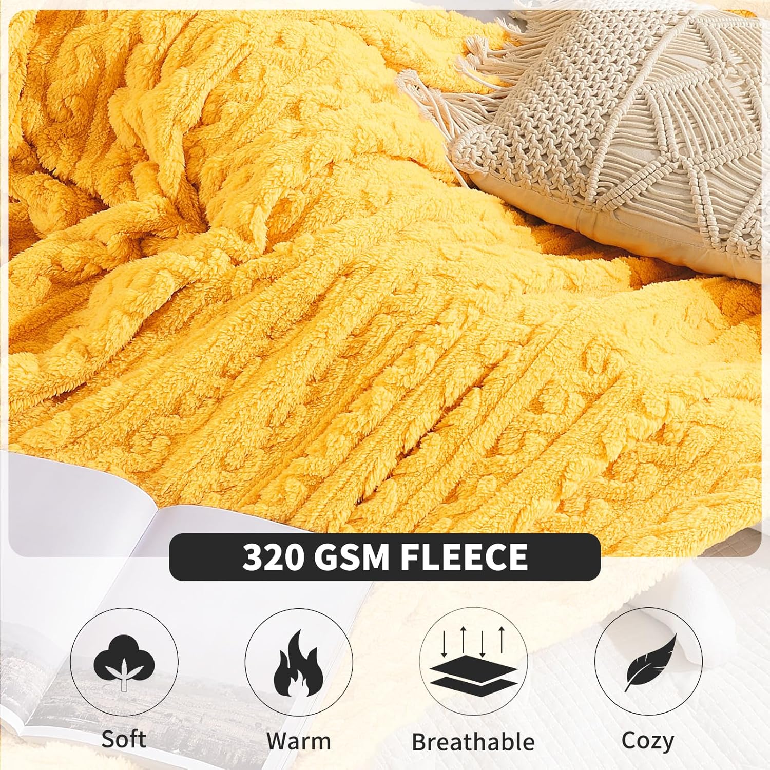 FY FIBER HOUSE Sherpa Blanket - 3D Pattern Design Yellow Throw Blanket for Sofa Couch, Bed, Warm Super Soft Cozy Microfiber Fleece Blanket for Living Room, Throw 50”x60” - Image 5