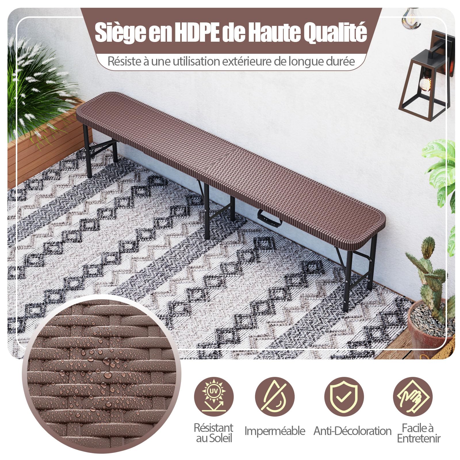 COSTWAY Banc Exterieur Jardin Pliable en HDPE pour 3 Personnes | Charge 300 kg, Banc de Jardin, Verrouillage de Sécurité, Poignée, Banquette pour Piscine Camping Fête (Café)