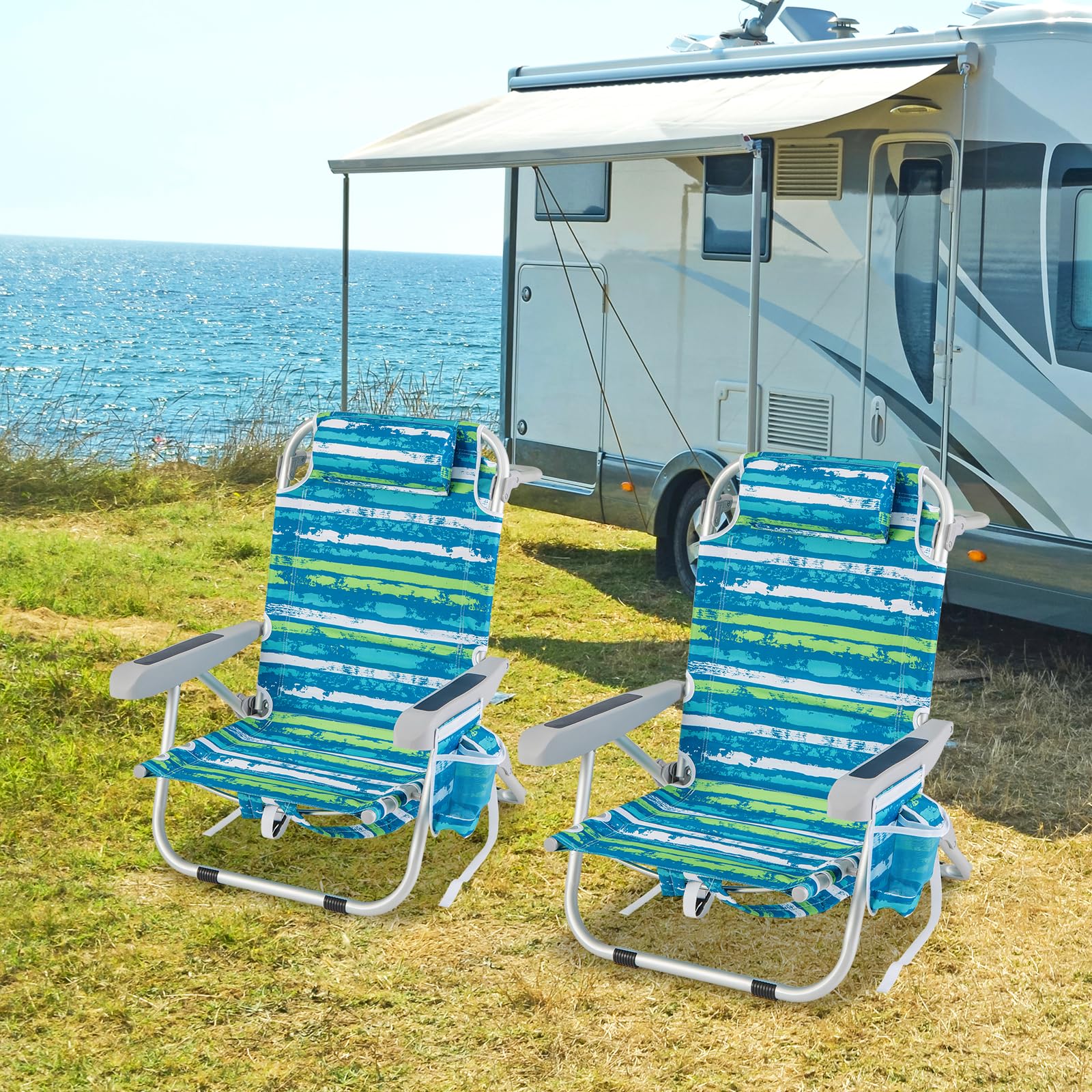 GIANTEX Składane krzesło plażowe z plecakiem, aluminiowe krzesło kempingowe z 5-pozycyjną regulacją oparcia, uchwyt na ręczniki (65 x 66 x 78 cm, zielony, 1)