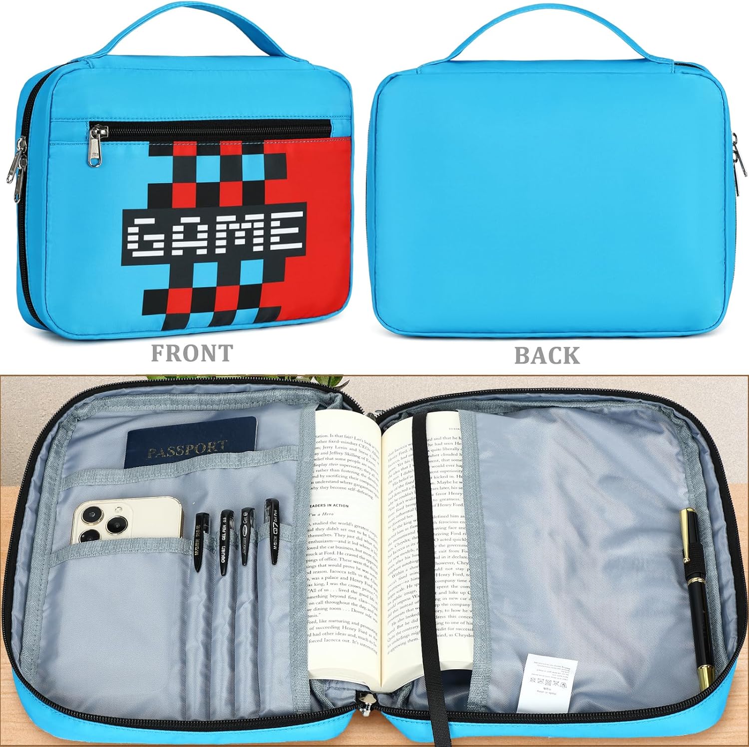 JIANYA Bible Cover for Boys Kids Bible Case Childrens Bible Bag with Handle and Zippered Pocket, Checkered Blue - Image 2