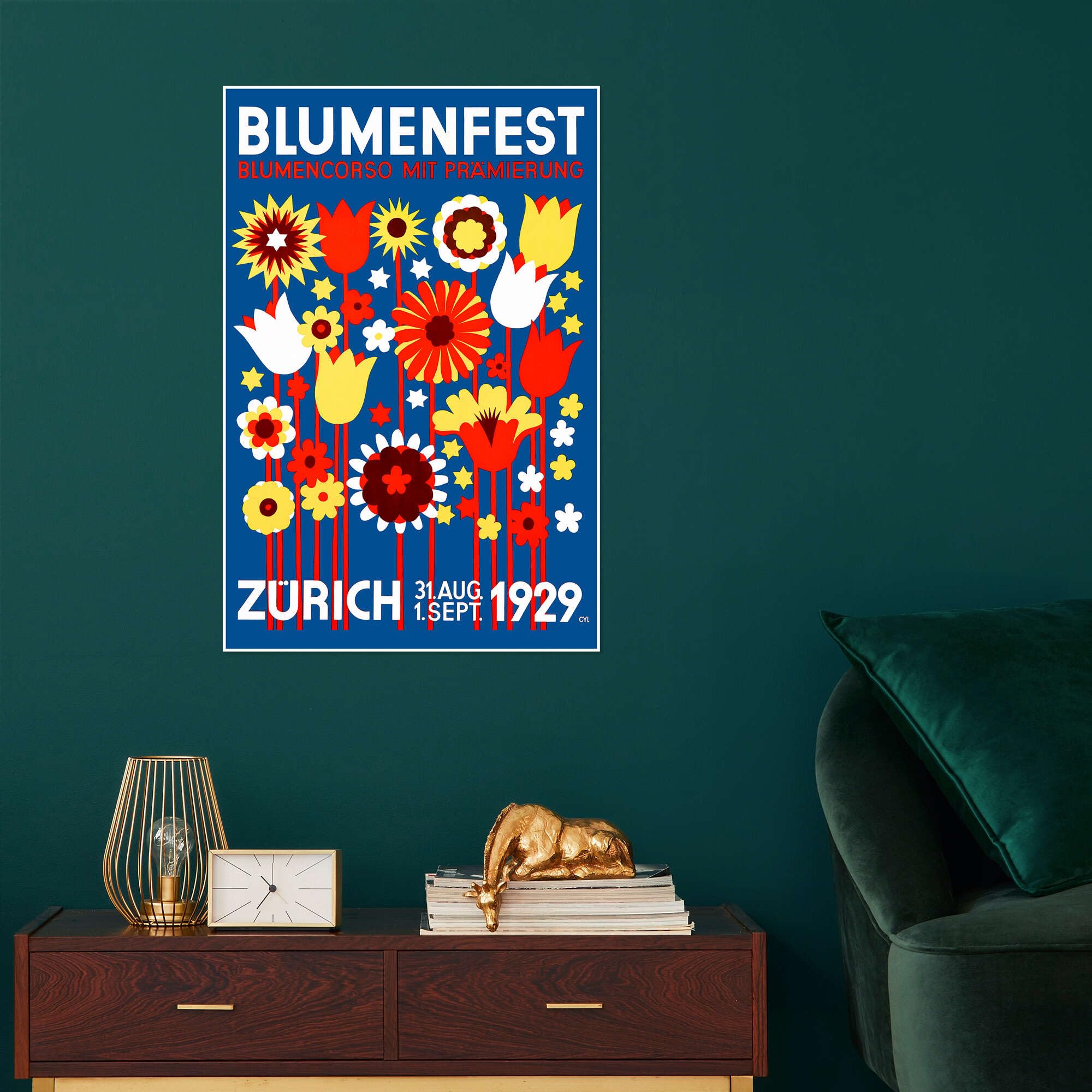 Posterlounge Flower Festival Zurich, 1929 Poster | 90 x 130 cm di Walter Cyliax Blu Quadri Decorazione per pareti