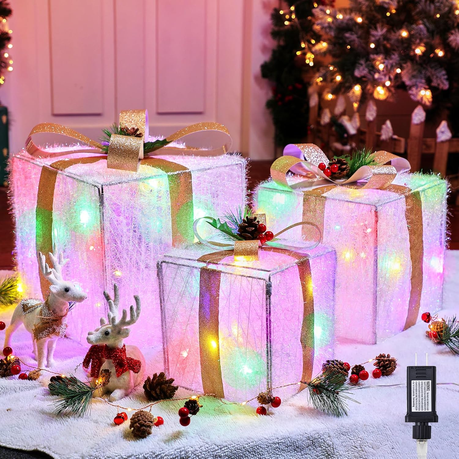 Juego de 3 cajas de regalo iluminadas para decoración de Navidad con lazos, 12 pulgadas, 10 pulgadas, 8 pulgadas con 60 mini luces preiluminadas,