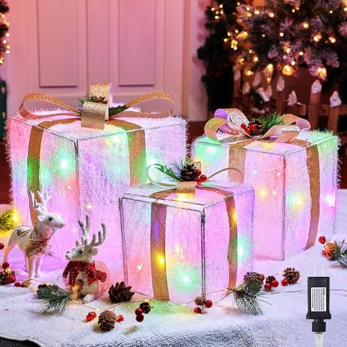 Juego de 3 cajas de regalo iluminadas para decoración de Navidad con lazos, 12 pulgadas, 10 pulgadas, 8 pulgadas con 60 mini luces preiluminadas,