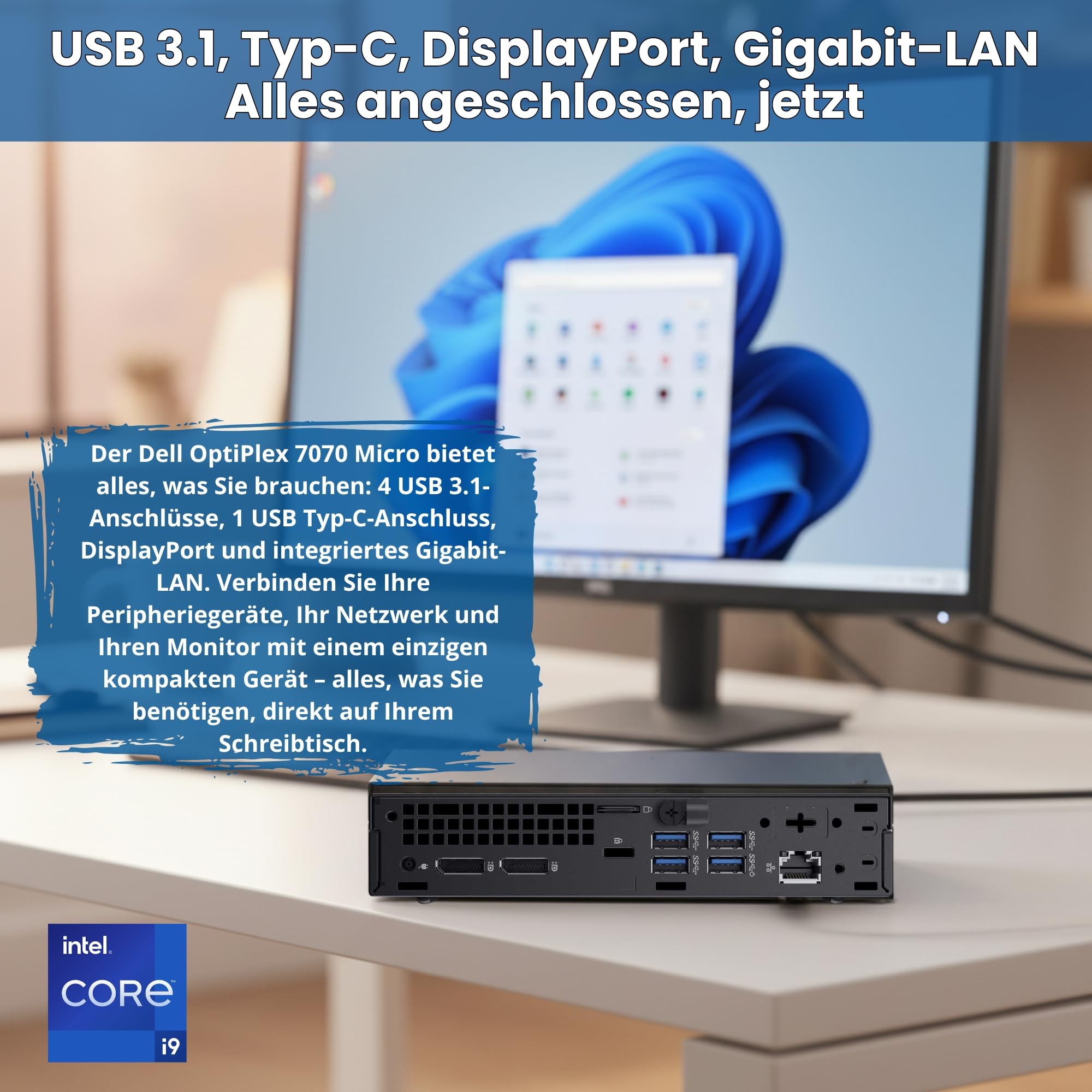 Dell OptiPlex 7070 Micro PC Bundle 27 Zoll Full HD Monitor | Intel Core i9 bis 5,0 GHz | 16 GB DDR4 RAM | 512 GB NVMe SSD | Windows 11 Pro | Generalüberholt | 36 Monate Garantie