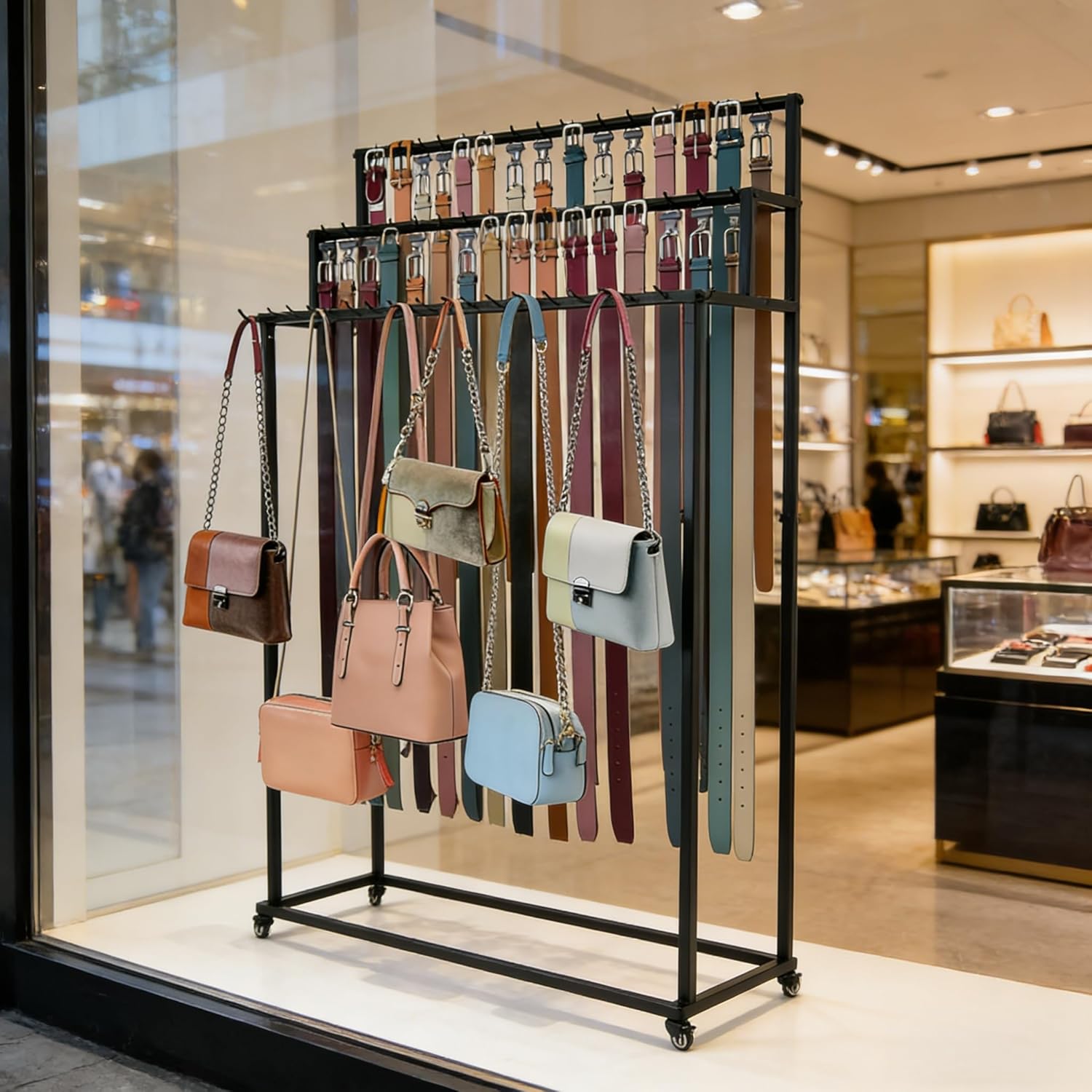 Belt Rack, 3-Tier Belt Organizer with 42 Hooks & Wheels, Tie Rack & Bag Rack for Retail Display, Multi-Layer Belt Hanger & Tie Hanger for Store (Black)