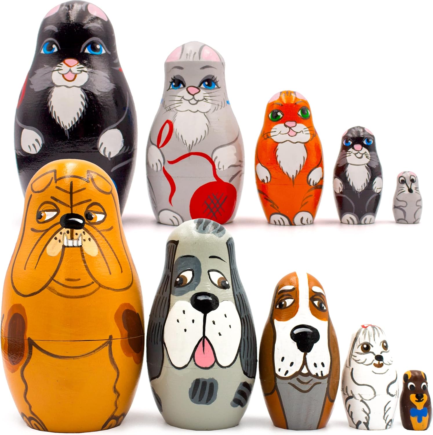 AEVVV Animals Nesting Dolls Set of 10 pcs - Cat & Dog Figurines - Wooden Matryoshka Dolls - Gifts for Animal Lovers