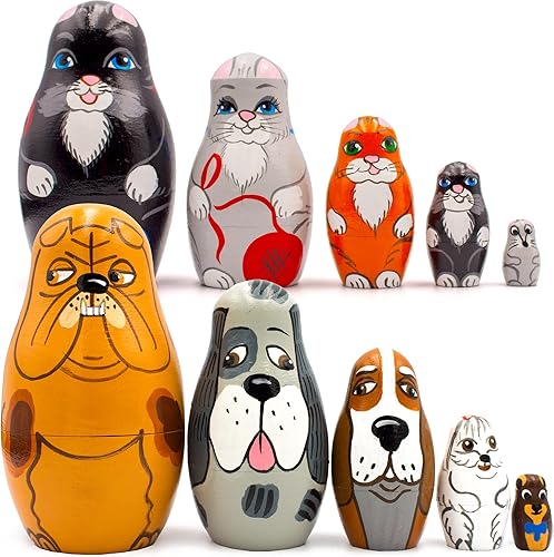 AEVVV Juego de 10 muñecas de anidación de animales - Muñecas de anidación de gatos - Regalos para los amantes de los perros - Regalos de madera para