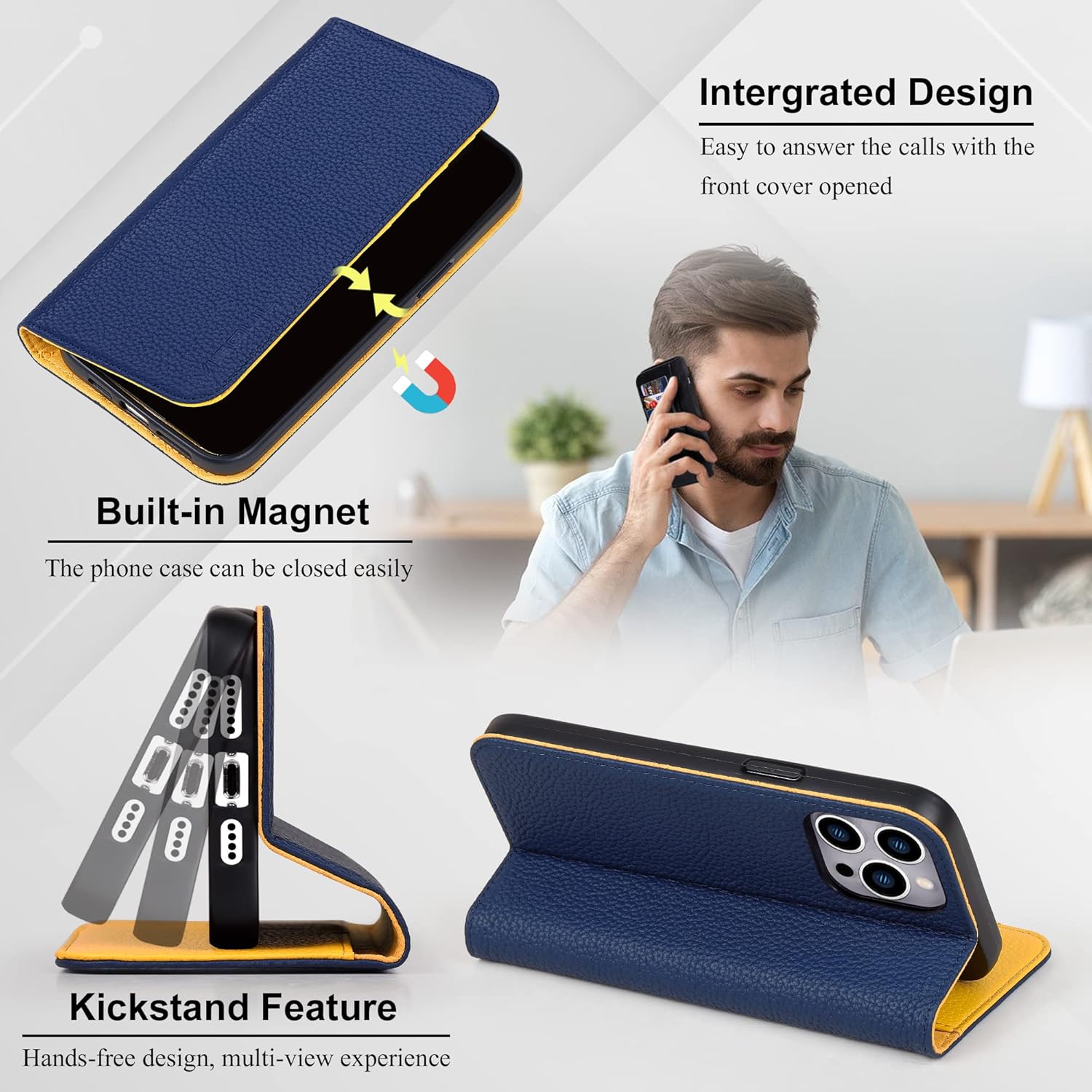 VISOUL Pebbled Genuine Leather Case for iPhone 14 Pro Max Wallet Case with Card Holder Kickstand Magnetic Flip Folio Cover Designed for iPhone 14 Pro Max (6.7")-Blue+Yellow