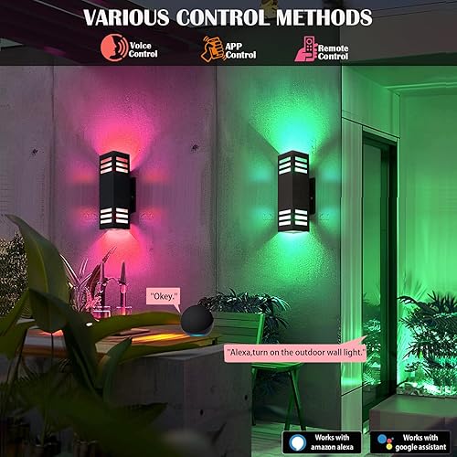Miniatura 7 de Luces de pared inteligentes RGB, paquete de 2 lámparas de porche delantero, aplique cuadrado que cambia de color al aire libre con base E26, luces