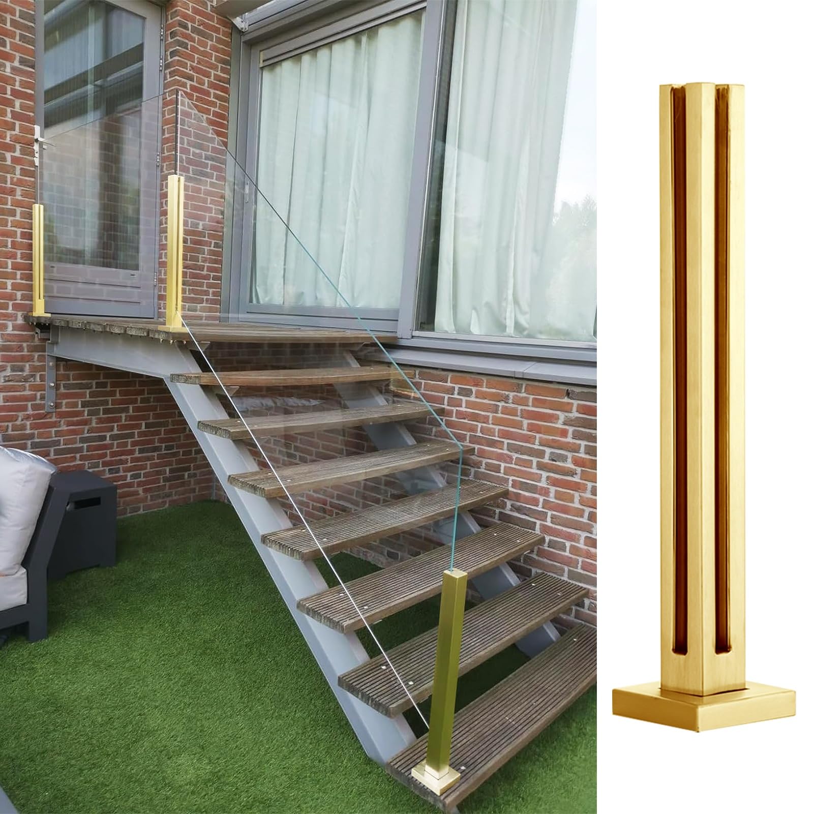 Garde-Corps en Verre 10/12 mm Gold Deck | Poteau de Support Métallique pour Escalier