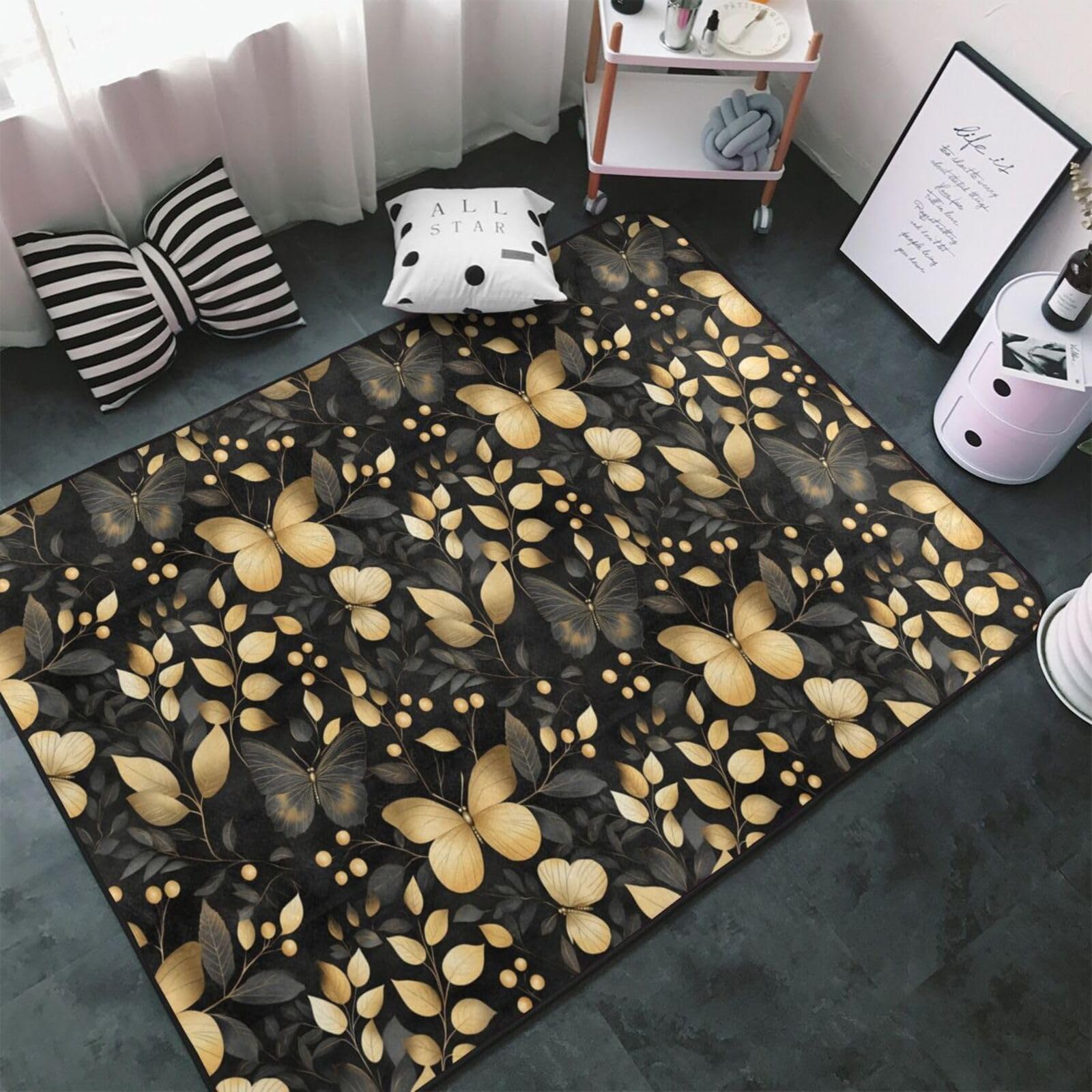Tapis de salon lavable motif papillon noir et doré 152x99 cm pour chambre