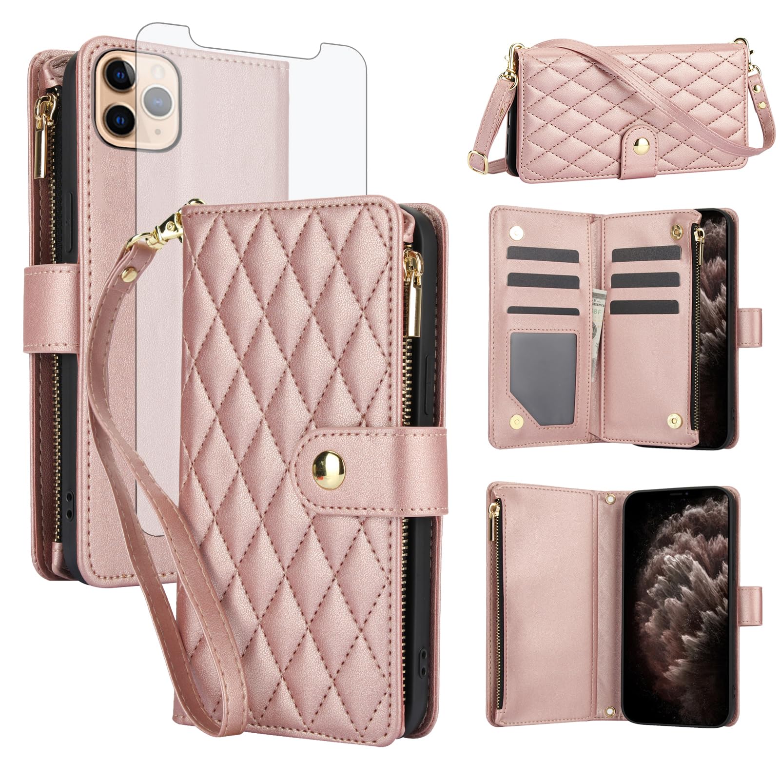 Asuwish Handyhülle für iPhone 11 Pro Hülle mit Band Folie Schutzfolie Kartenfach Klappbar Leder Geldbörse Ständer i-Phone 11ProHülle i 11Pro Handy Hüllen Schutzhülle Handyhüllen Phone Case Rosegold