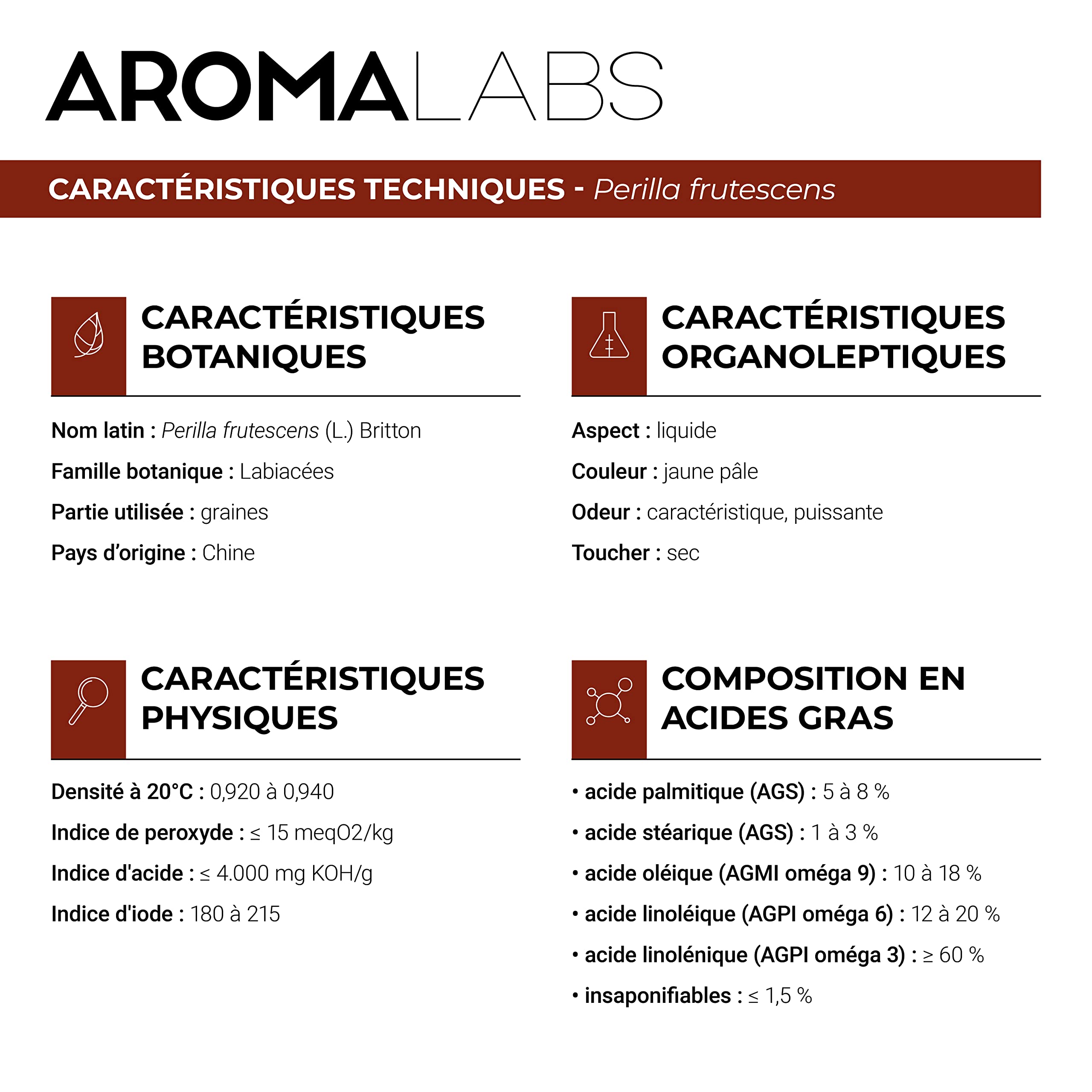 Périlla BIO (Perilla frutescens) - 250 mL - Huile Végétale Vierge et Certifiée Cosmos - Aroma Labs - Made in France