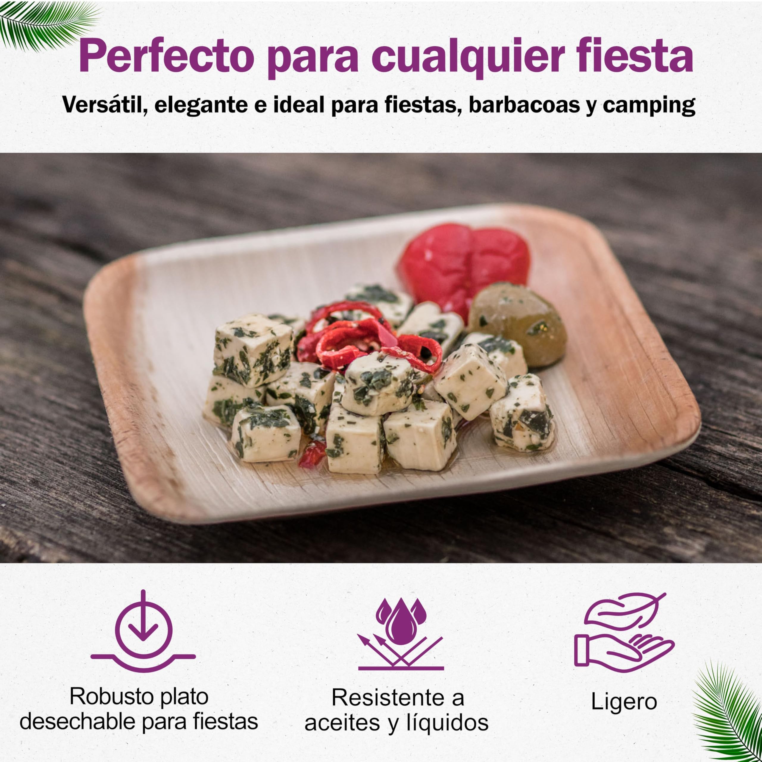 200 Platos Desechables de Hoja de Palma Ecológicos - Cuadrado Pequeño, 15x15 cm - Vajilla Orgánica - Estable, Natural y Compostable - Elegantes para Fiestas - Estilo Madera