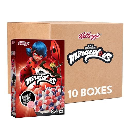 Miraculous Tales of Ladybug and Cat Noir Cereal para desayuno frío, aperitivos para niños, macaron de fresa (10 cajas)