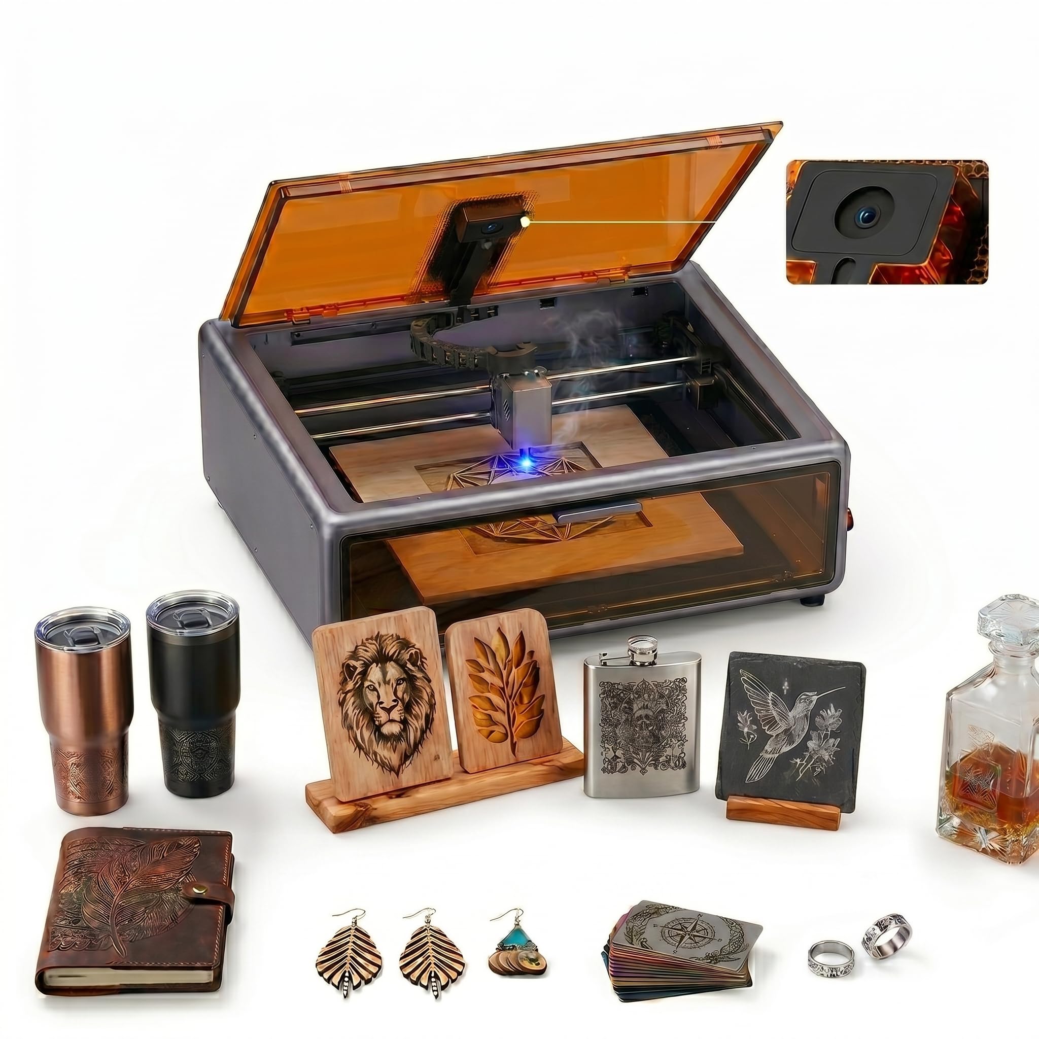 Creality Falcon A1 10 W laserowa maszyna do grawerowania w zestawie z wspomaganiem powietrzem, pozycjonowanie kamer HD, bezpieczny laser klasy 1, do drewna, metalu, akrylu, dla początkujących