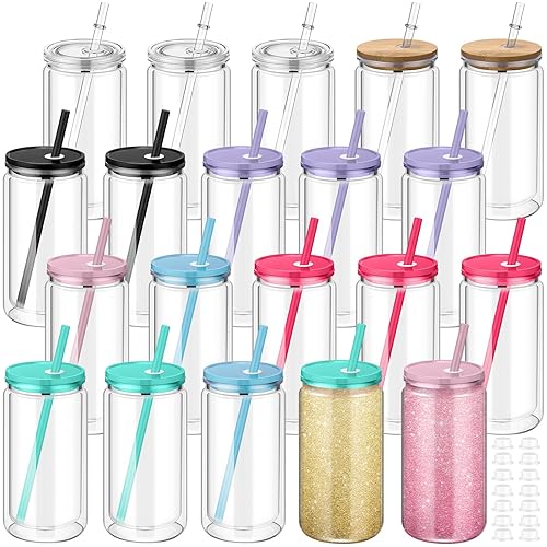 Nuenen 20 Pcs 16 oz Plastic Snow Globe Tumbler Pre Drilled Double Wall Plastic Can with Lid and Straw Double Wall Snowglobe Cup with Colorful Lid Mason Jar Cups for Snow Globe Glitter DIY Gift - 16 oz