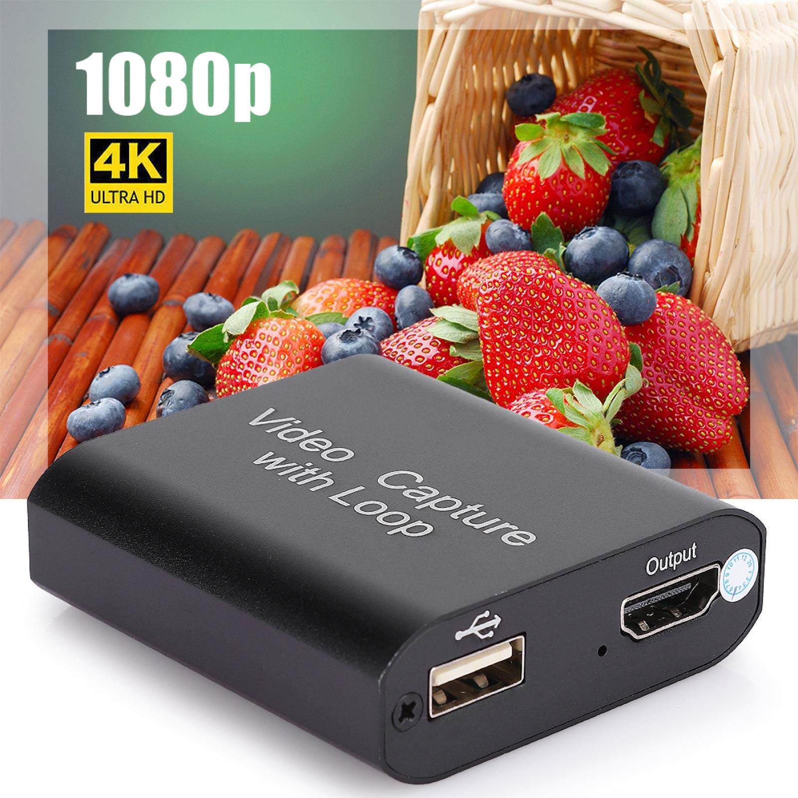 KIKYO Karta przechwytująca, karta przechwytywania wideo USB3.0 z wyjściem Loop Out, karta przechwytująca HDMI 4K Ultra HD, pasuje do konsoli do gier, PS4, PS3, Xbox One, czarna