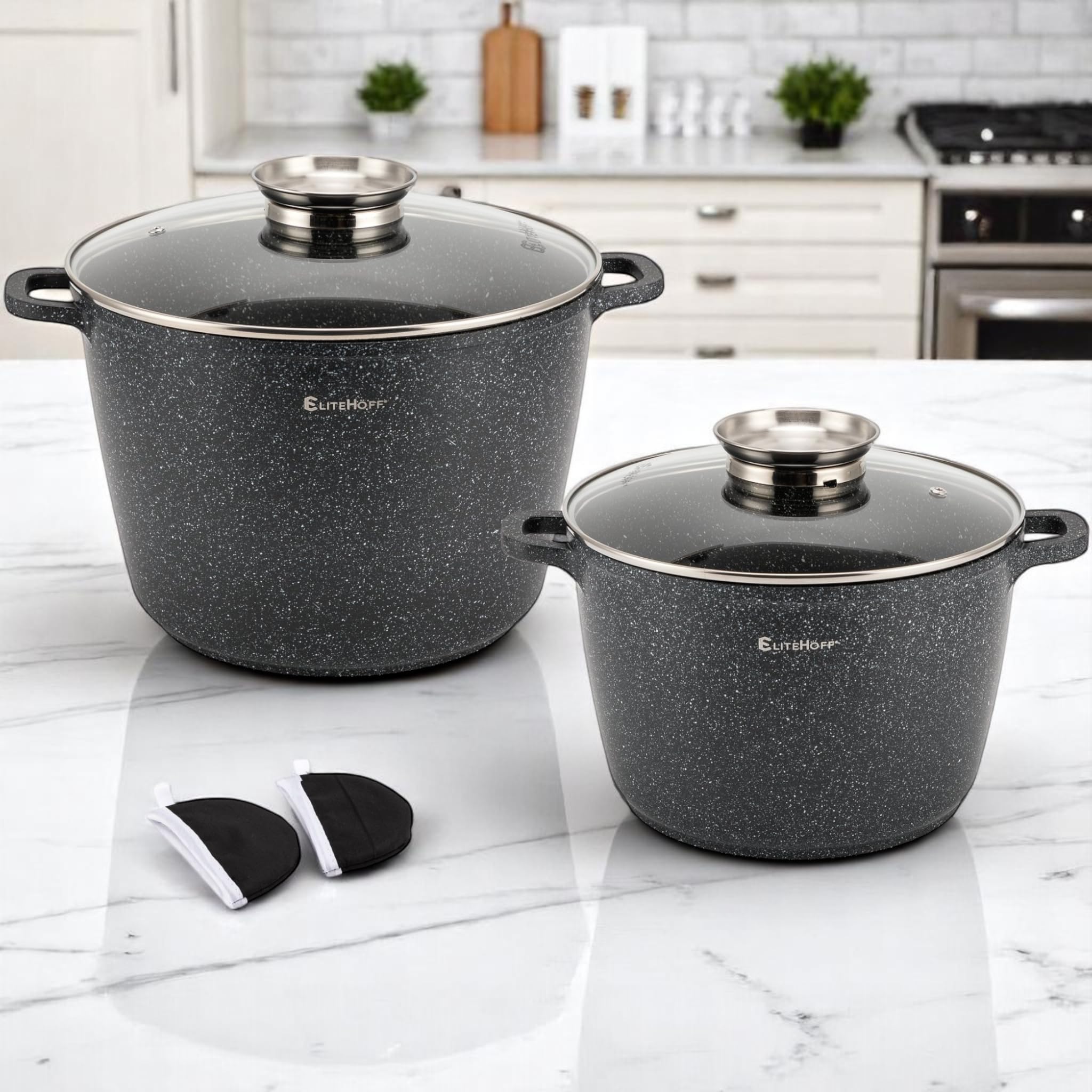 EliteHoff Olla de cocina antiadherente con tapa - Juego de 2 ollas de sopa de aluminio de 24/28 cm (6,5 L + 10,2 L) ollas de mármol grandes para inducción y todo tipo de cocinas (negro)