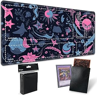 TCG Playmat Board Game Mat Plus 50 Pcs Card Sleeves, 24 x 14 inches Durable Stitched Table Mats Games Mousepad with Zones for MTG RPG CCG Trading Card Game Play Mats, Manga Universe