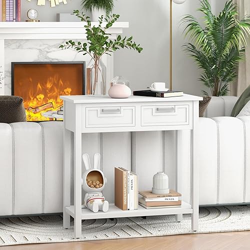 Miniatura 4 de Mesa consola con cajones, mesa de entrada de madera con patas de madera de goma, mesa auxiliar larga para sofá con 2 cajones y estante abierto, mesa