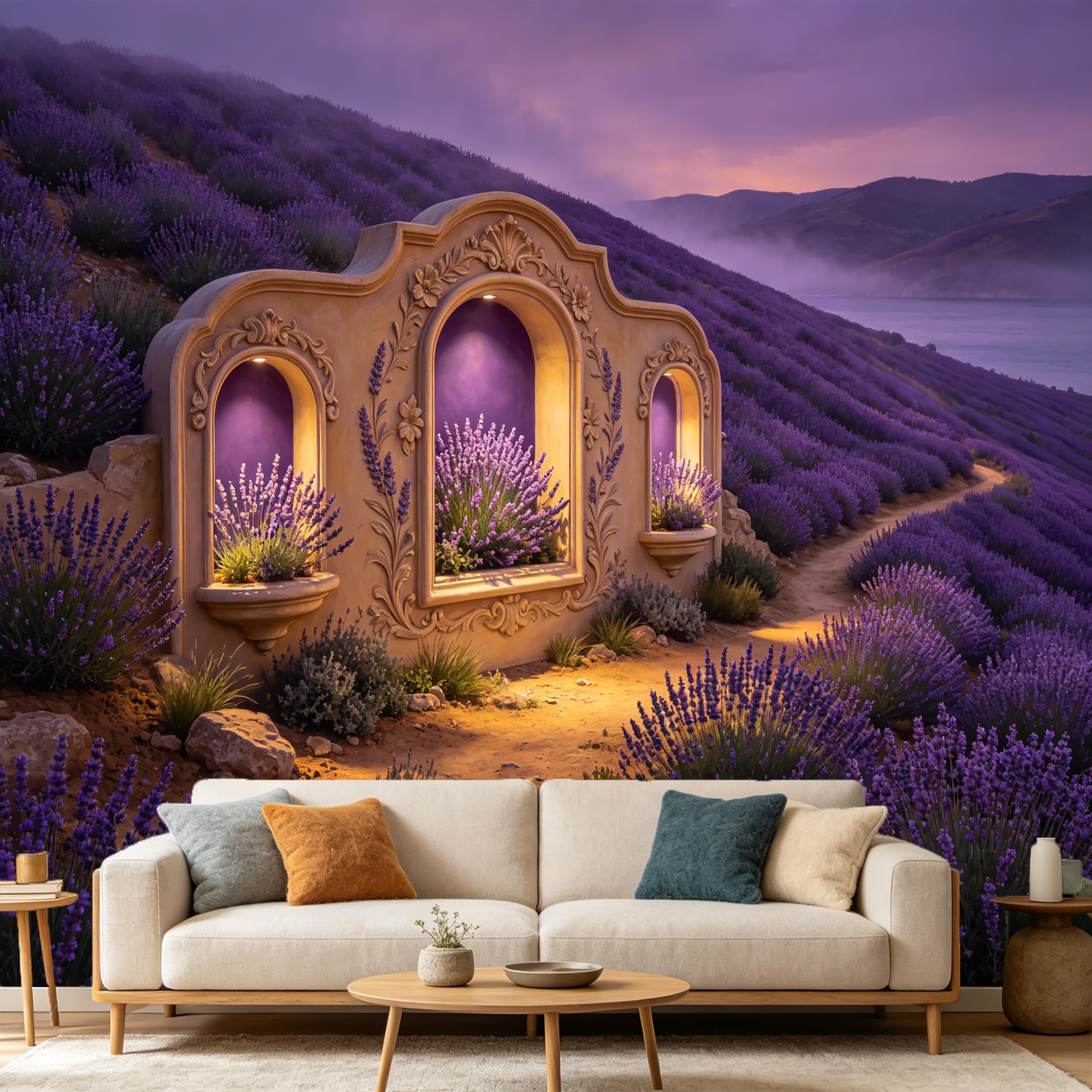 Custom Size Wall Mural， Provence Lavender Field Archway Mountain Landscape， SelfAdhesive Art Prints wall Fabric Removable Large Wallpaper Home Living Room Decor