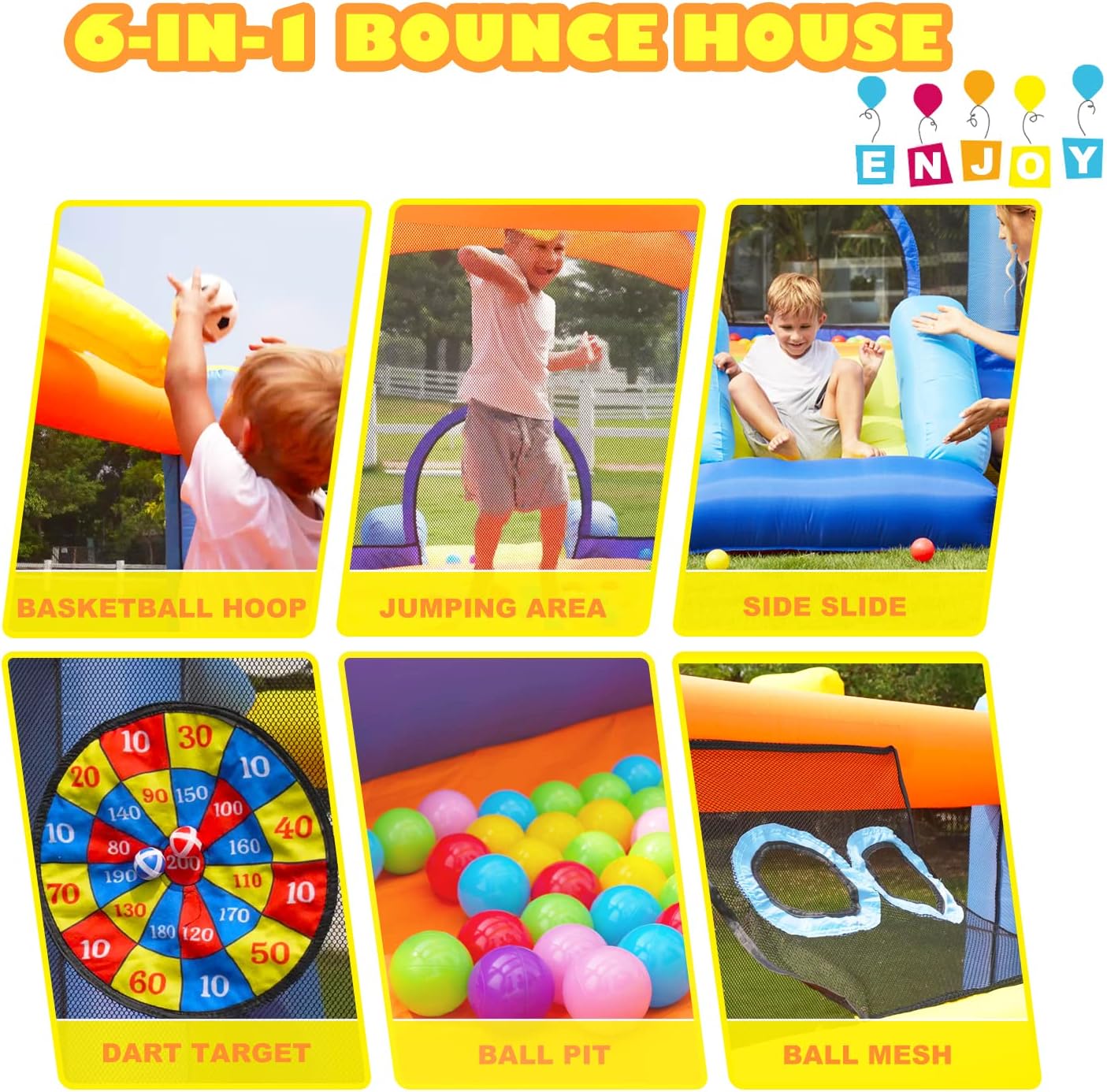 Get Discount 70% Price 118''x 118'' Bounce House with Slide, 6-in-1 Kids Bouncer Inflatable Park Jumping Castle Outdoor Indoor with 450W Blower, Carry Bag, Repair Kit for Kids Ages 3-10 Years Exclusive Discount 70% Price 118''x 118'' Bounce House with Slide, 6-in-1 Kids Bouncer Inflatable Park Jumping Castle Outdoor Indoor with 450W Blower, Carry Bag, Repair Kit for Kids Ages 3-10 Years