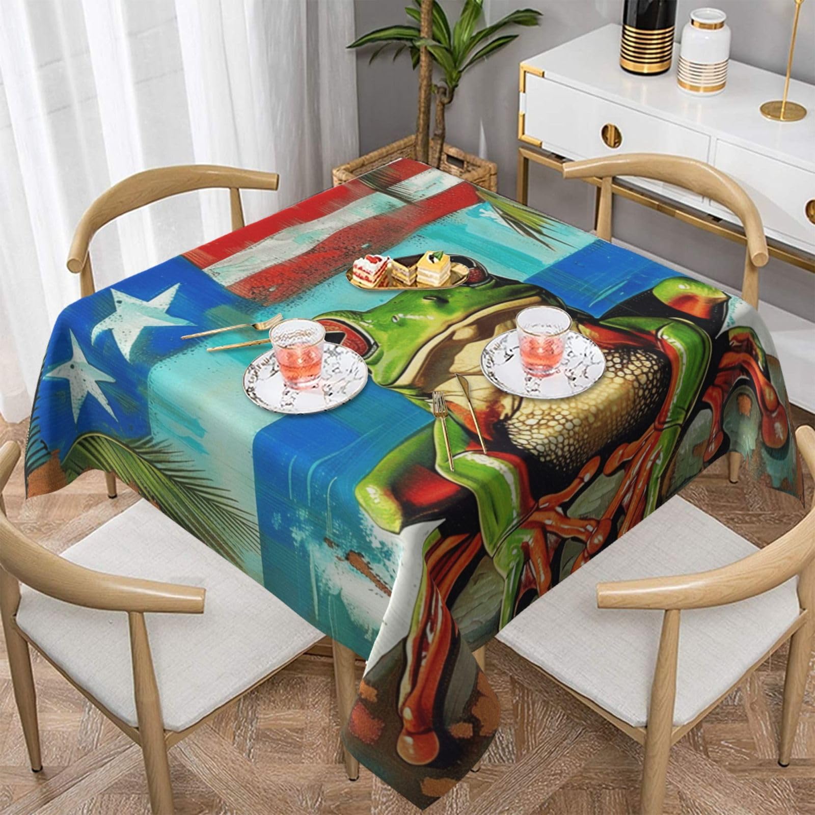 WPKJU Puerto Rico Flag Frog Palm Trees Printed Square Tablecloth 54x54 inch Water Resistant Table Cover Washable Rectangle Table Cloth for Dining Tables